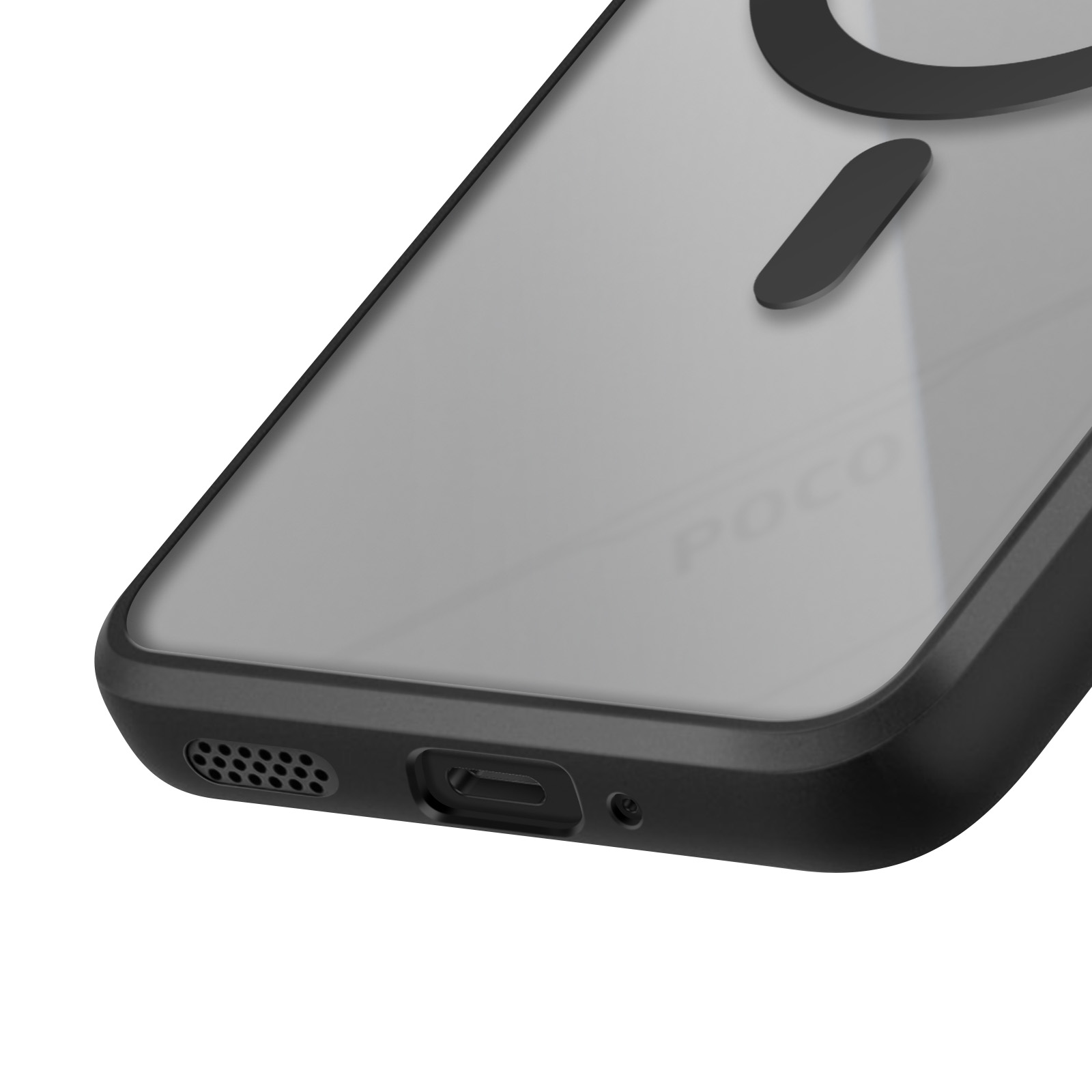 Custodia trasparente per telefono con cornice nera. Un ovale e un rettangolo neri sono sulla custodia. La parte inferiore ha fori.