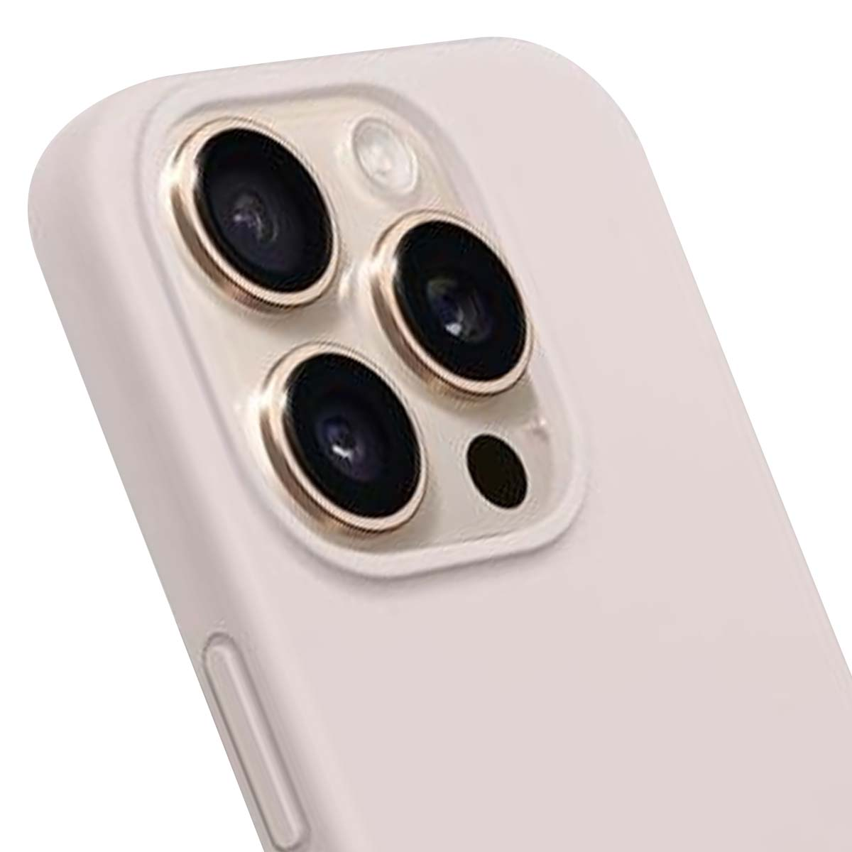Primo piano di una custodia per telefono rosa chiaro con più obiettivi della fotocamera, un flash e un foro per il microfono.