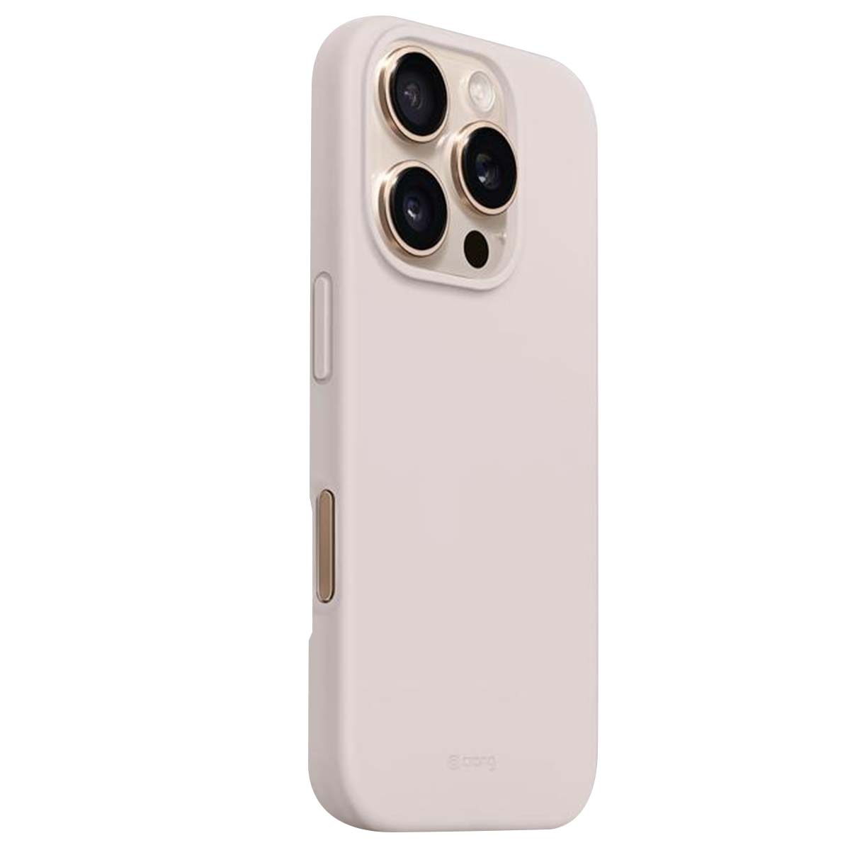 Una custodia per telefono rosa chiaro con tre obiettivi e un flash. La custodia ha ritagli per i pulsanti e un logo del marchio in basso.