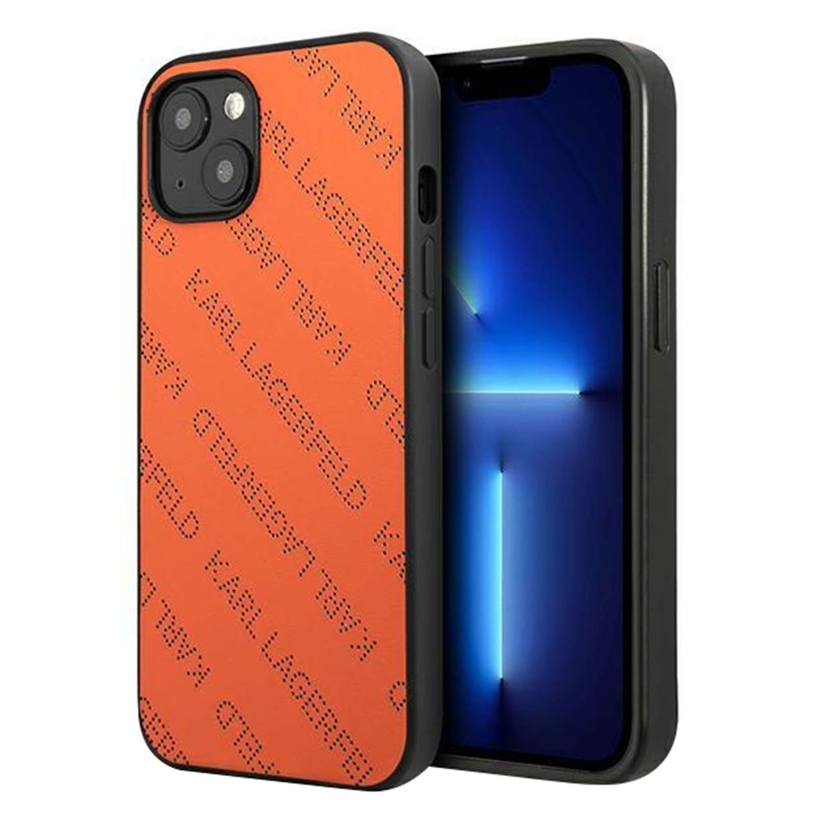 Un iPhone in una custodia nera con retro arancione e scritte nere. Lo schermo è blu con una luce verticale bianca brillante.