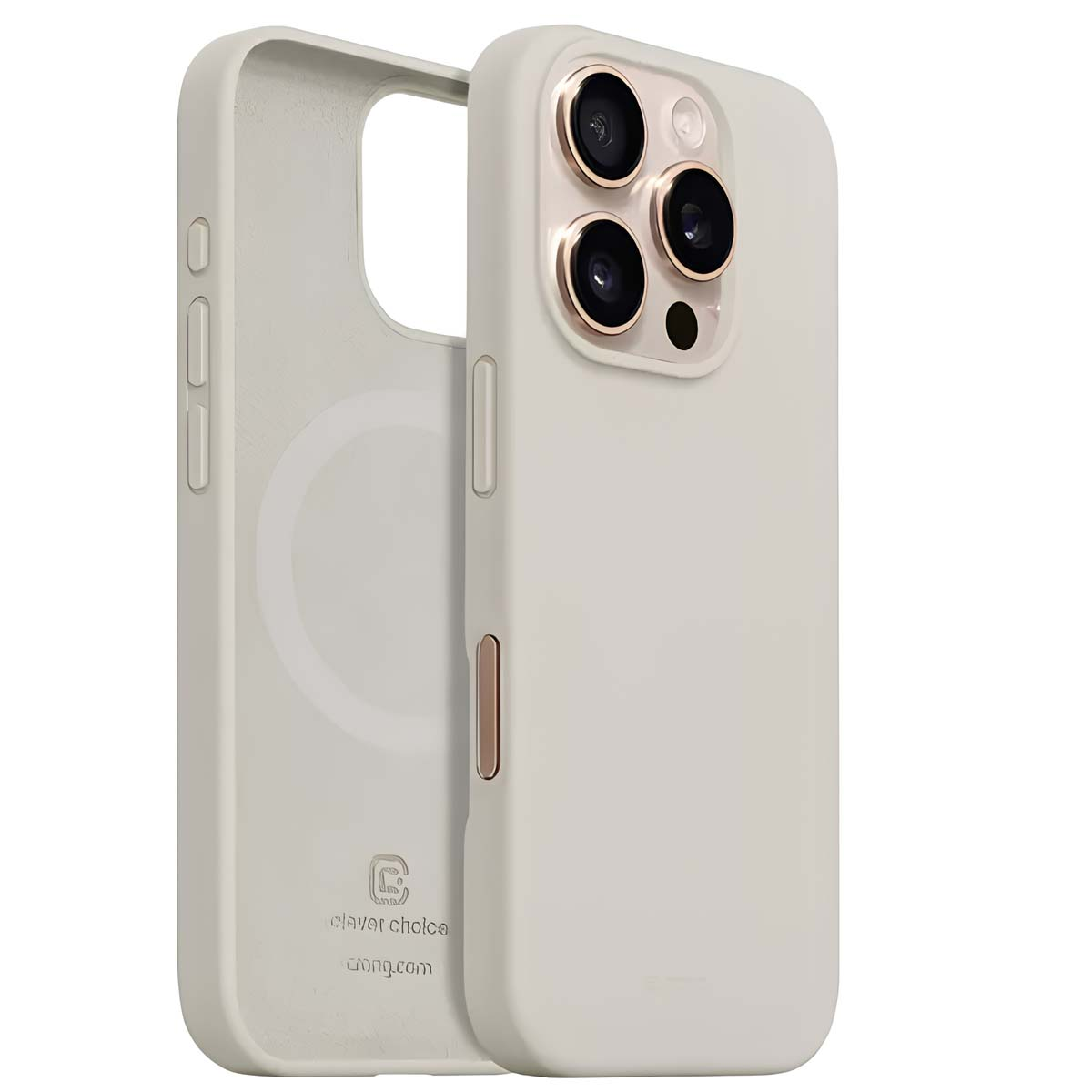 Una custodia per telefono grigio chiaro, una aperta e una chiusa. Anelli dorati per la fotocamera e un logo visibili. Il marchio è clever choice.