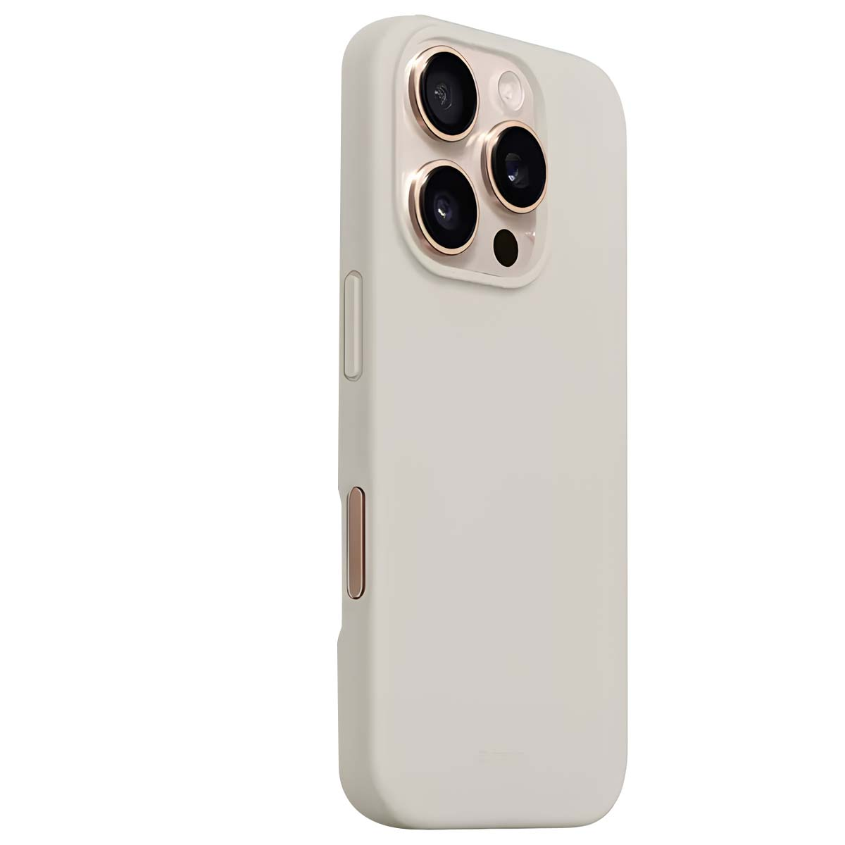 Una cover per telefono grigio chiaro con tre obiettivi. La cover ha un accento oro rosa ed è posta su sfondo bianco.