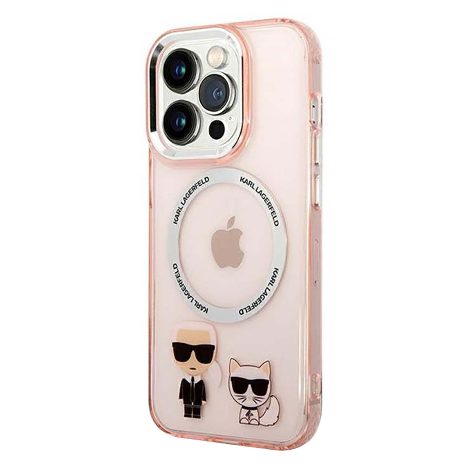 Custodia trasparente per telefono con dettagli rosa. Presenta il marchio Karl Lagerfeld, un gatto e una figura. L'obiettivo della fotocamera è visibile.
