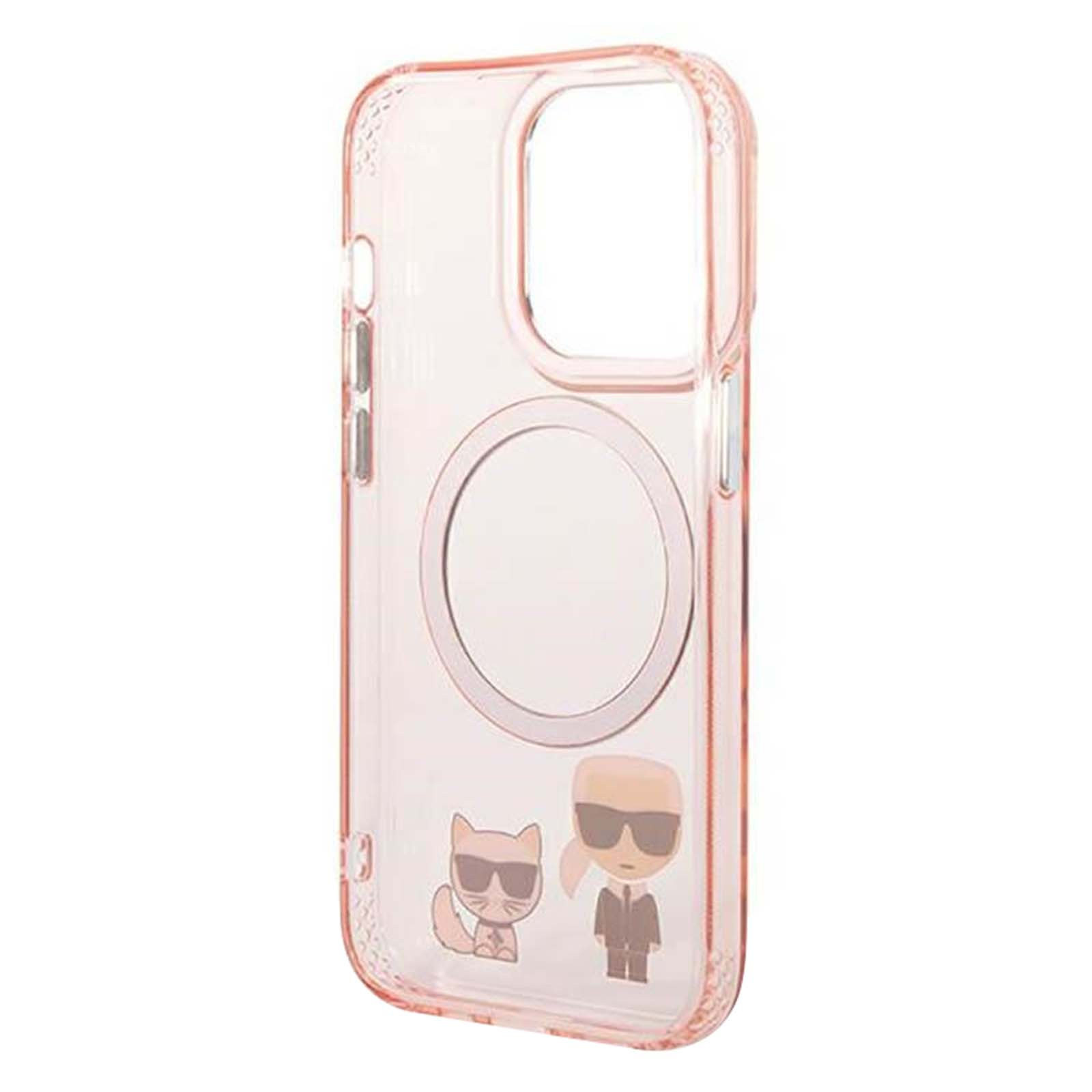 Custodia trasparente per telefono con bordi rosa, con illustrazioni di gatto e figura di Karl Lagerfeld.