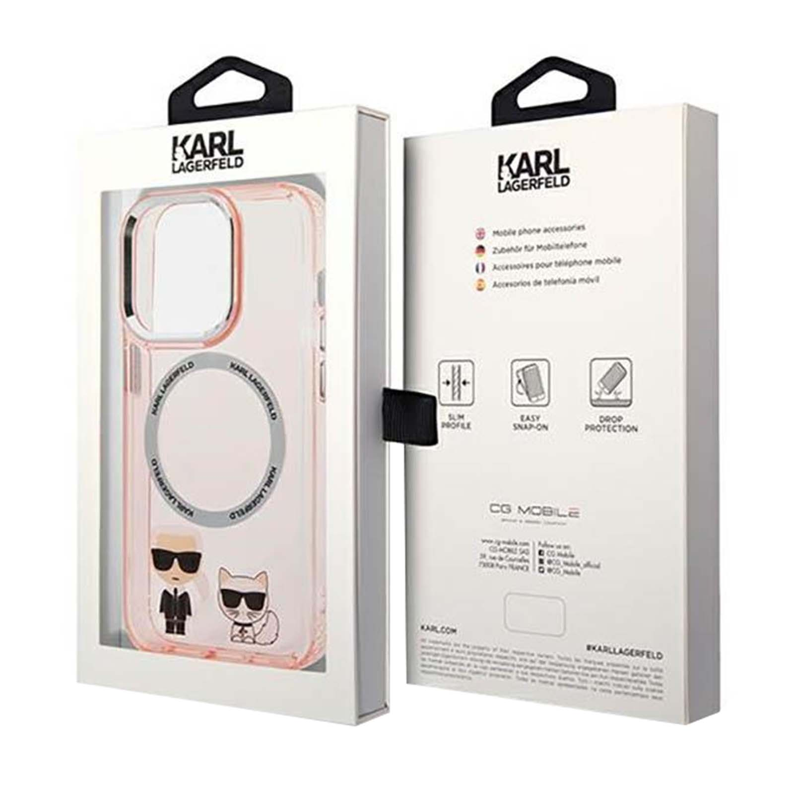 Una custodia per telefono in una scatola bianca. La custodia è rosa con un design di Karl Lagerfeld. La scatola ha anche loghi e testo.