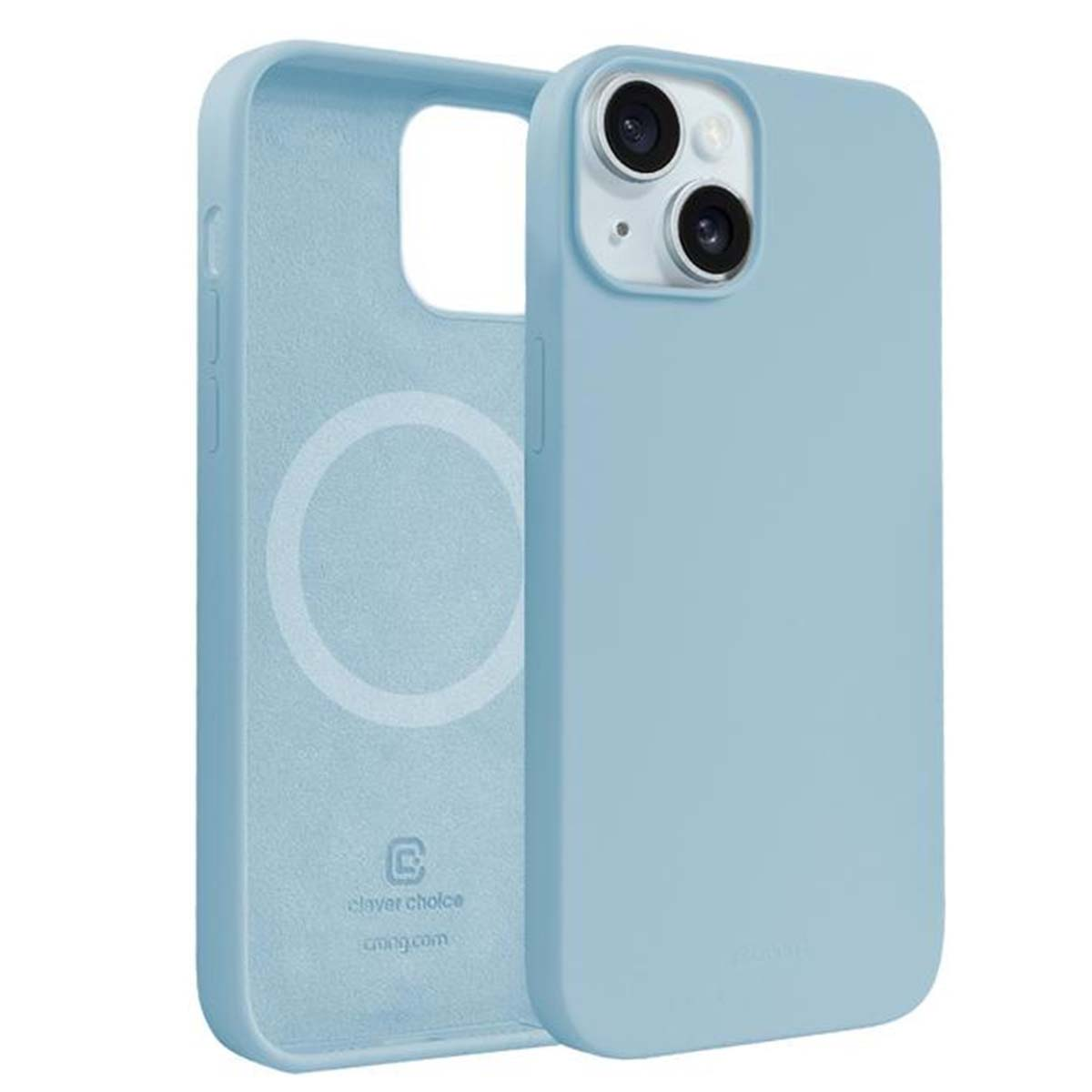 Custodia per telefono azzurra in due pezzi. Una parte mostra un cerchio, l'altra ha i fori della fotocamera. La custodia è su sfondo bianco.