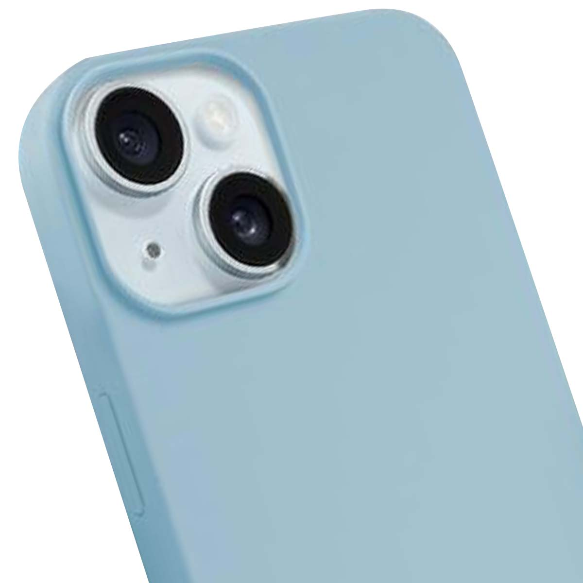 Primo piano di una custodia per telefono azzurra. Sono visibili due obiettivi neri e un flash. La custodia ha una consistenza liscia.