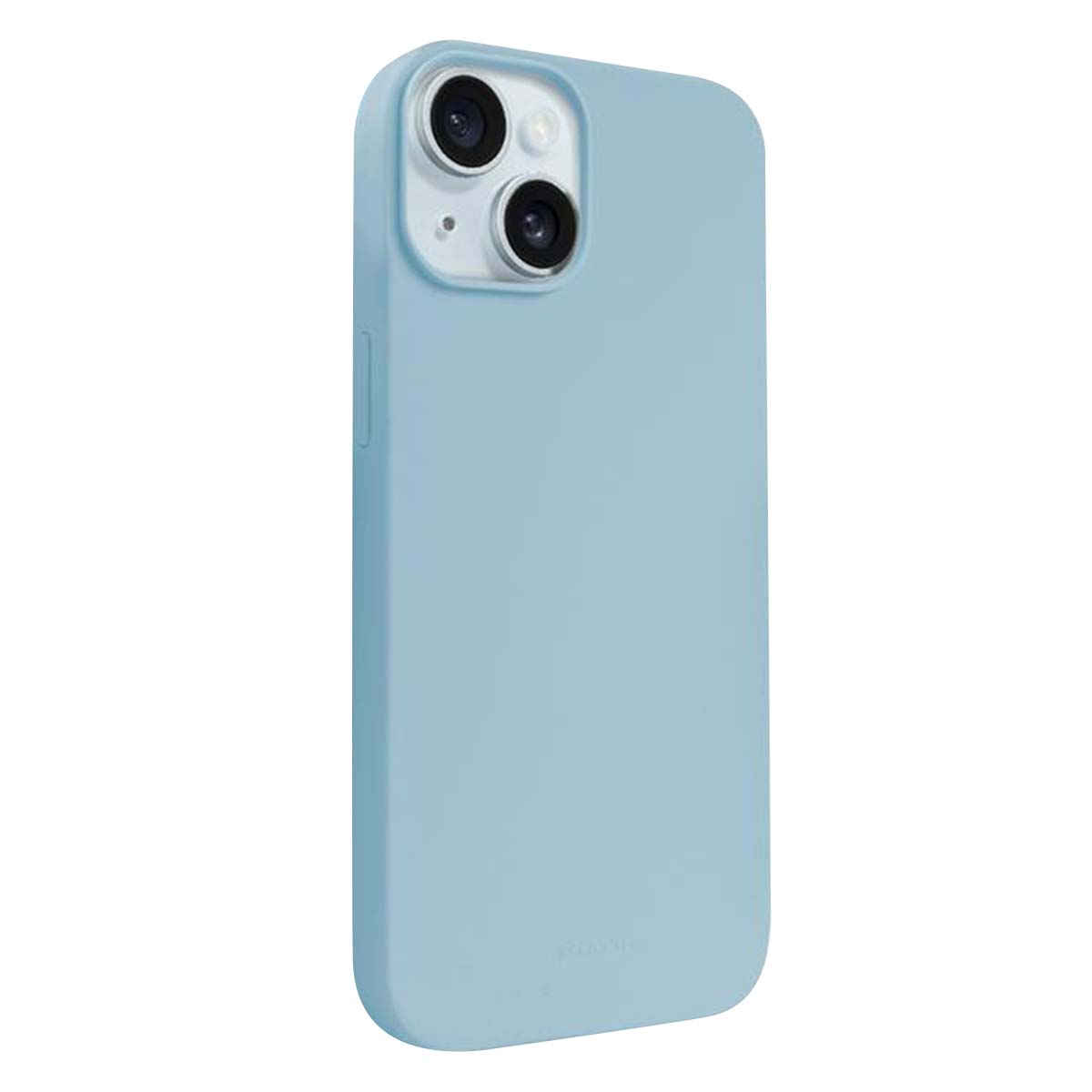 Una custodia per iPhone azzurra con un rialzo per la fotocamera. La custodia ha bordi arrotondati e una superficie liscia.