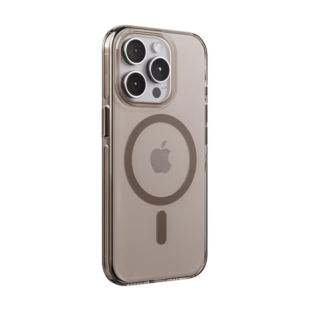 Una custodia trasparente per telefono con una tinta grigio scuro, con un modulo fotocamera a quattro lenti e un logo Apple sul retro.