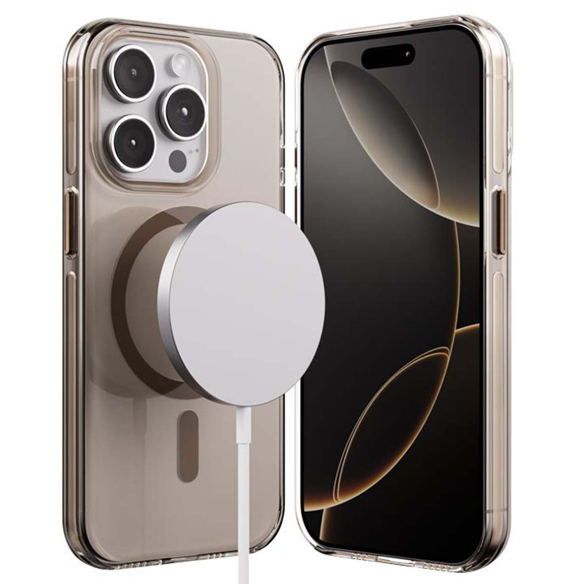 Due custodie trasparenti per telefono, una con un iPhone. Un caricatore magnetico è collegato. L'altra custodia è vuota. Entrambe le custodie sono su una superficie bianca.