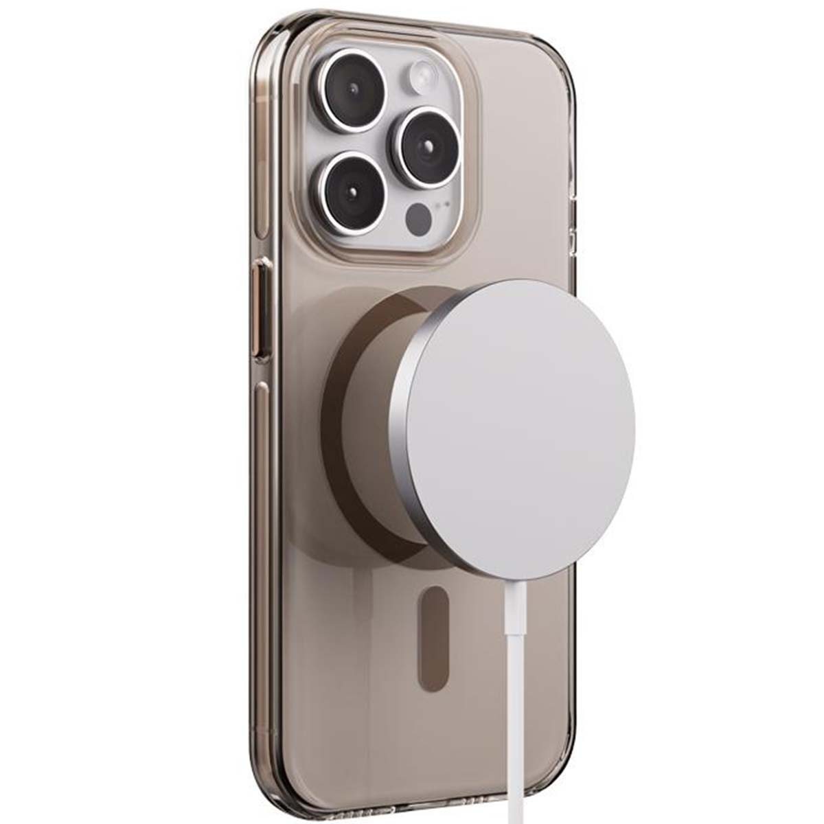 Un telefono con custodia trasparente, collegato a un caricatore magnetico bianco. Il telefono ha più lenti della fotocamera.