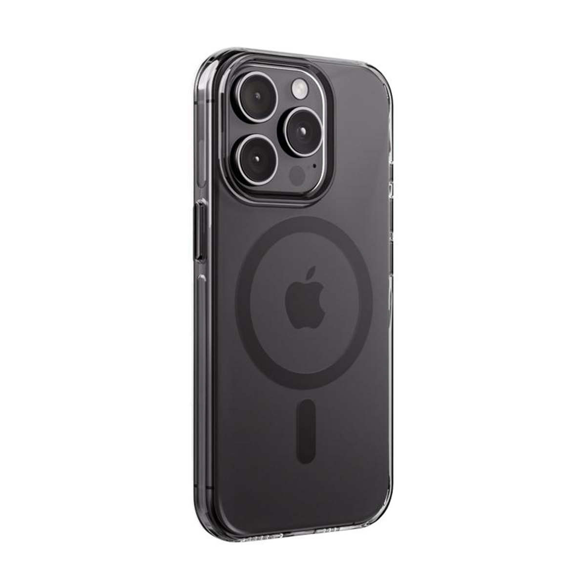 Una custodia trasparente per telefono con retro grigio scuro. Il design circolare ha il logo Apple e una linea in basso.