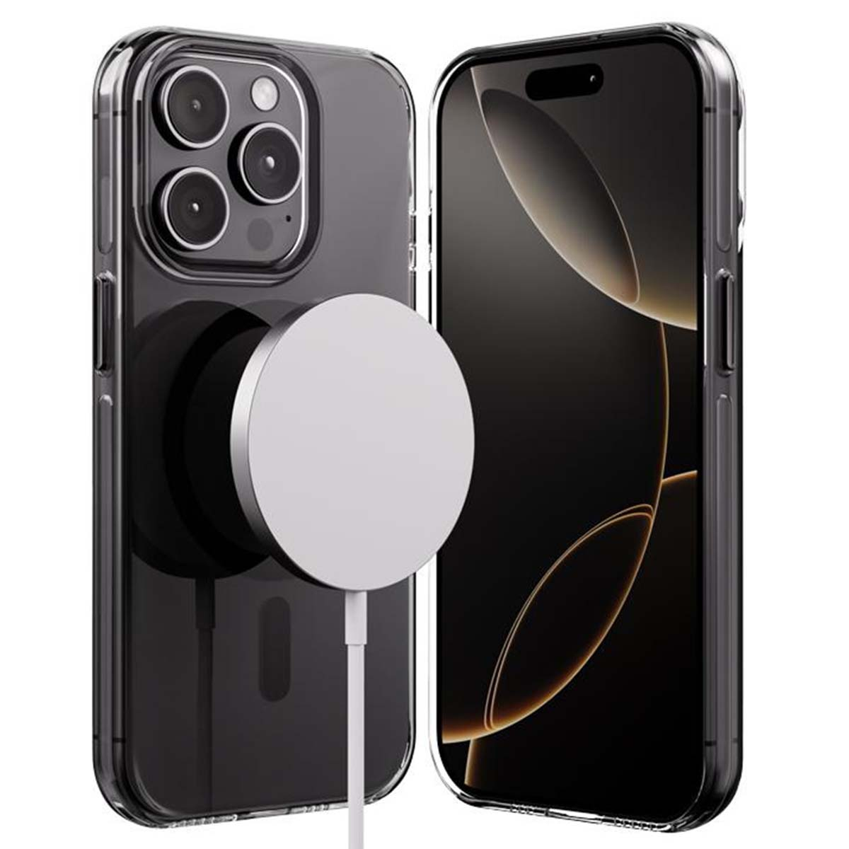 Due iPhone in custodie trasparenti. Uno ha un caricatore MagSafe, l'altro mostra uno schermo nero. Entrambi sono davanti a uno sfondo bianco.