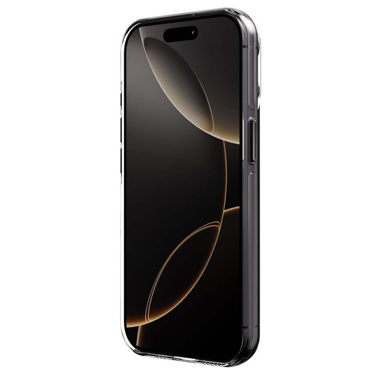 Uno smartphone in una custodia trasparente. Il telefono è nero, con un design astratto dorato.
