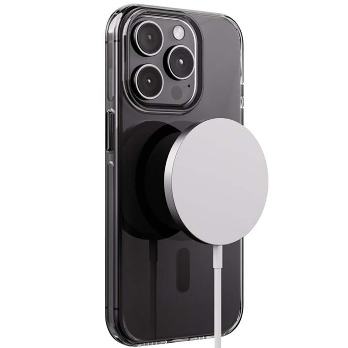 Custodia trasparente per telefono con caricatore magnetico argentato. Il telefono mostra le sue fotocamere e un retro nero.