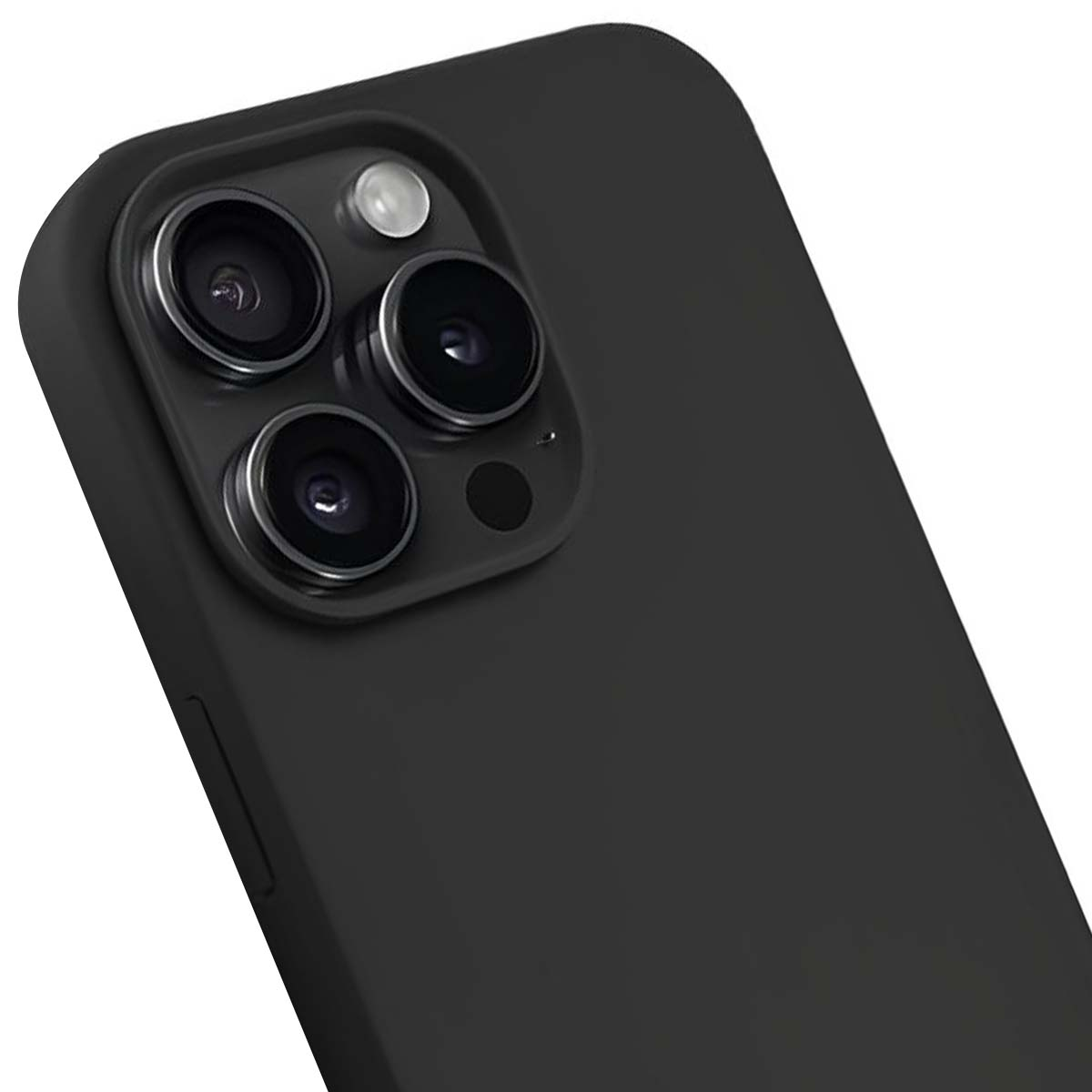 Primo piano di uno smartphone nero con tre obiettivi e un flash. Il telefono ha una finitura opaca e un design elegante.