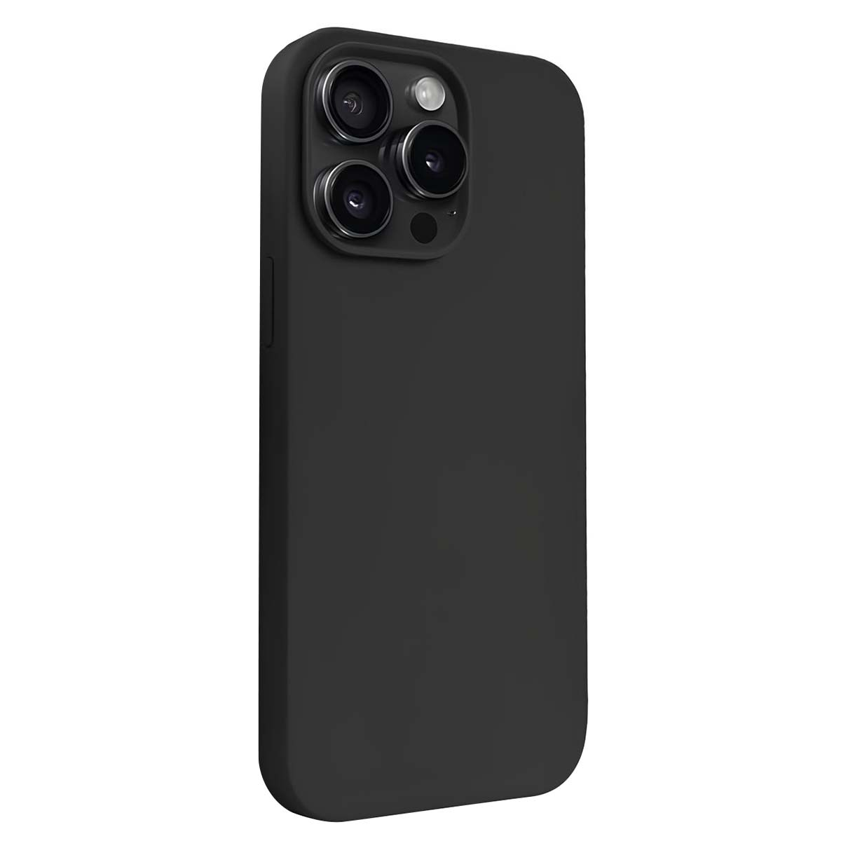 Una custodia nera per telefono con più obiettivi della fotocamera è mostrata su sfondo bianco. La custodia ha un design elegante e moderno.