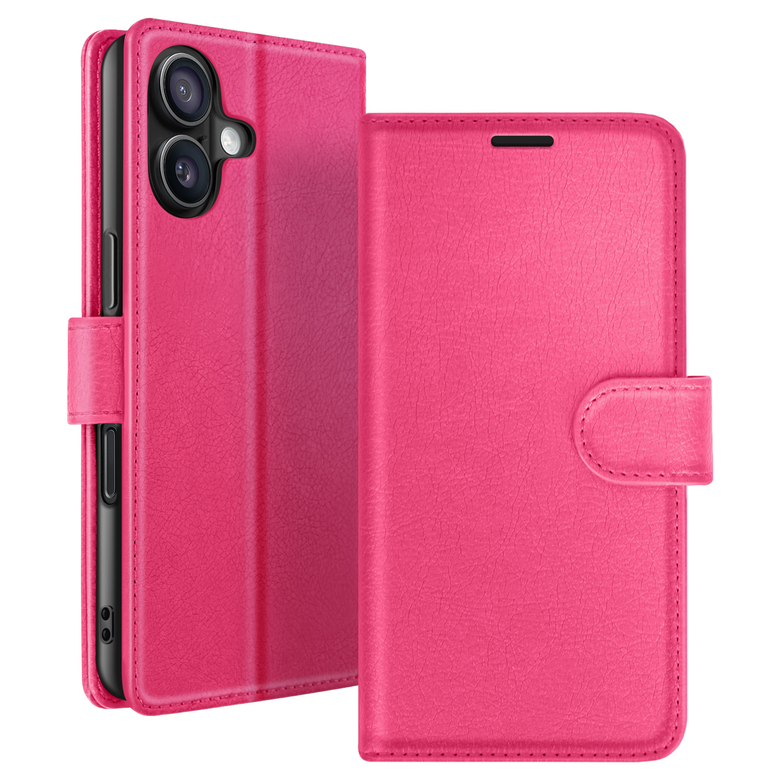 Un étui de téléphone en cuir rose est ouvert. Le téléphone est à gauche, avec l'étui ouvert et un fermoir à droite. Fond blanc.