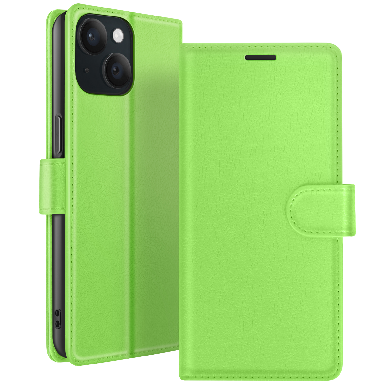 Étui de téléphone vert avec le téléphone à l'intérieur. L'étui a un couvercle avec un fermoir magnétique.