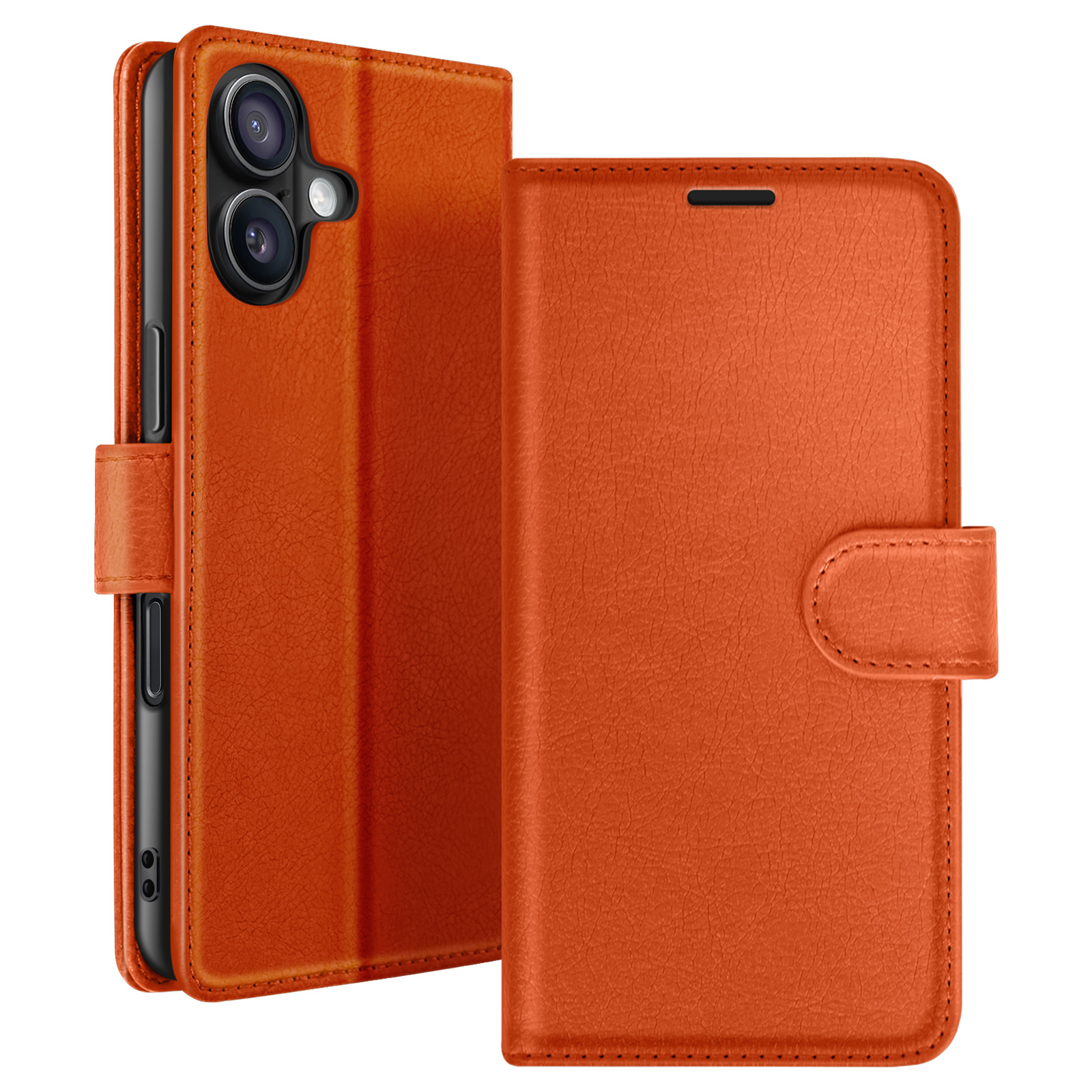 Un étui de téléphone en cuir orange est ouvert, révélant un téléphone. Le couvercle avant a un fermoir. Le téléphone a des lentilles de caméra visibles.