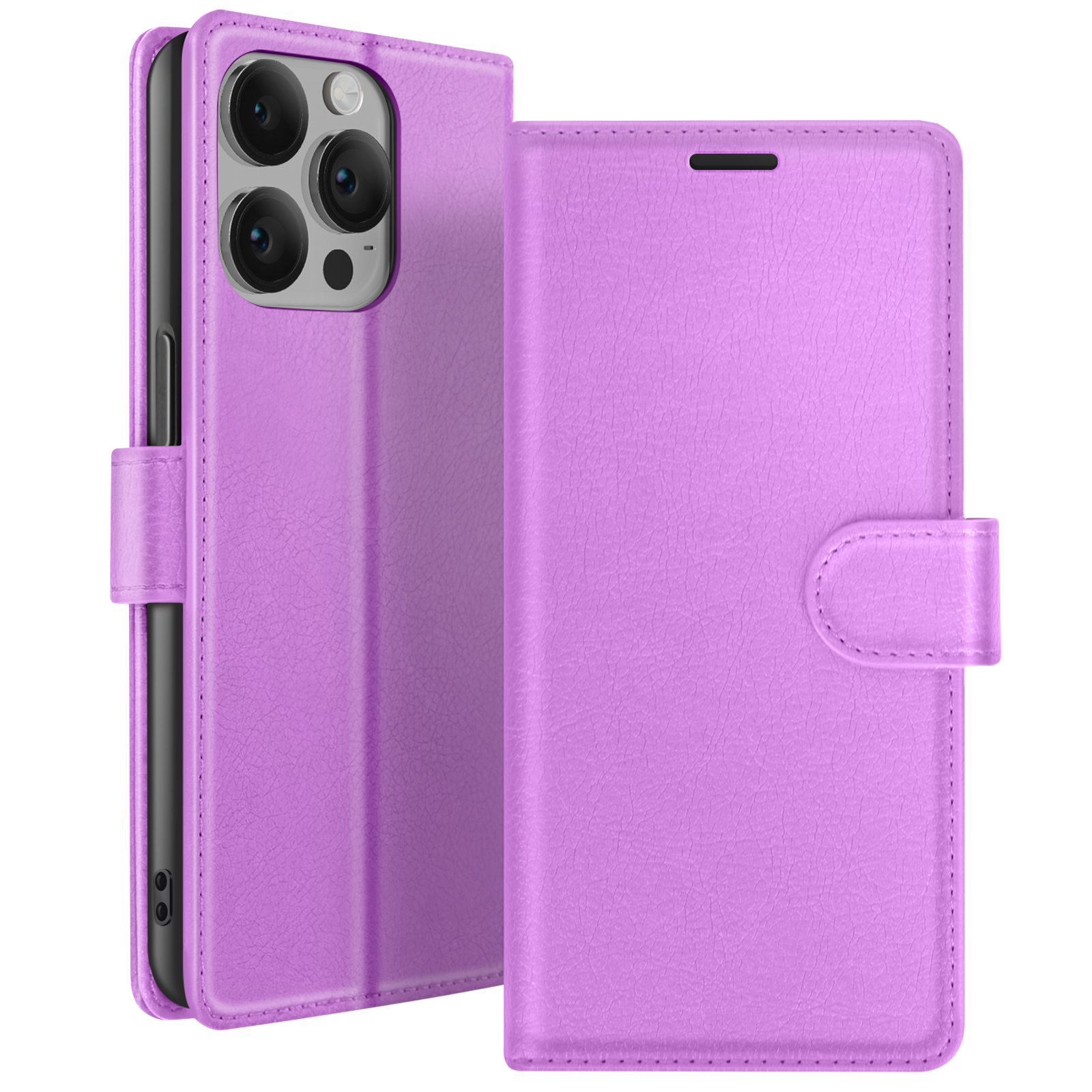 Een paarse telefoonhoes is open en onthult de telefoon. De hoes heeft een magnetische sluiting. De telefoon heeft meerdere lenzen.