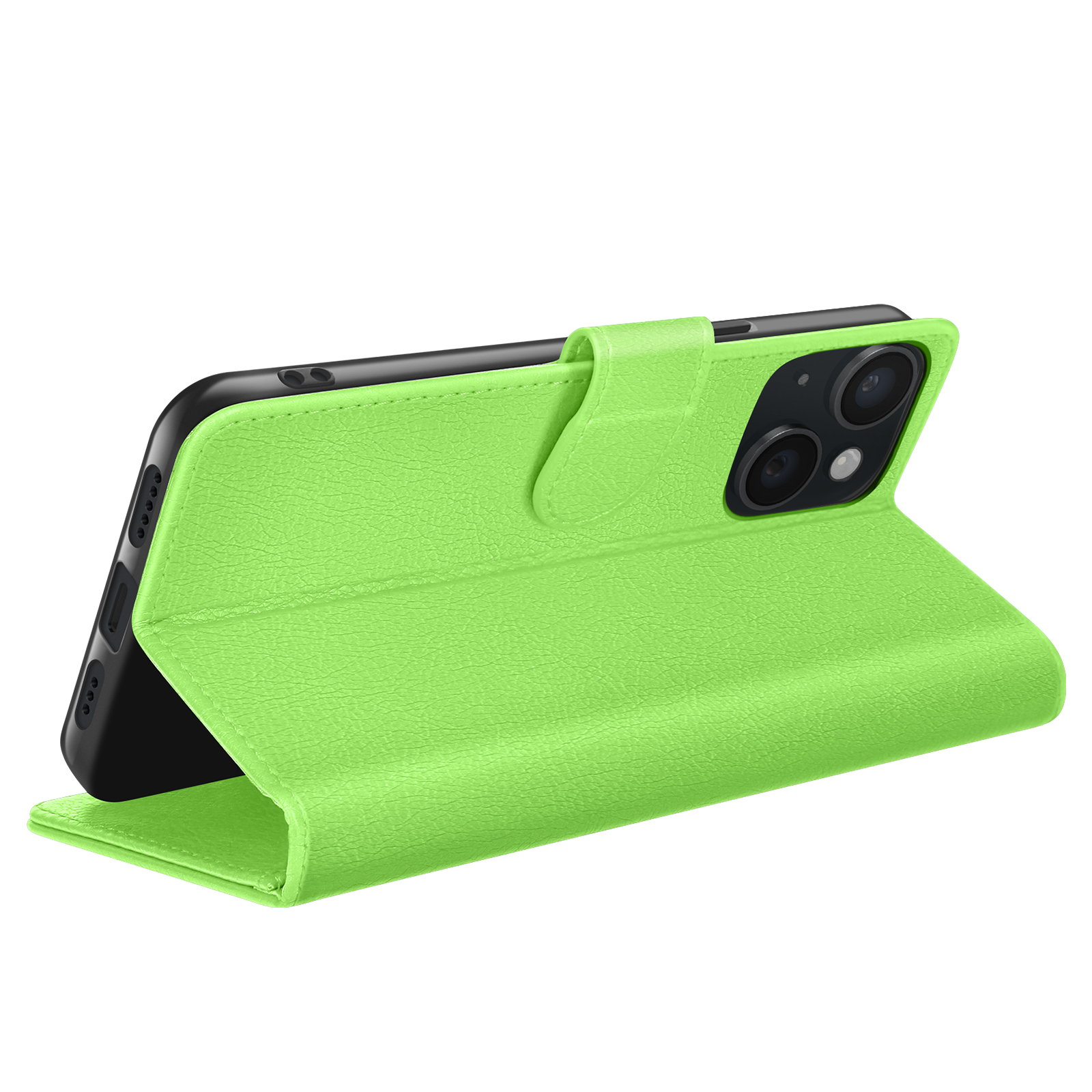 Un étui de téléphone vert vif est ouvert, affichant un téléphone noir. L'étui est texturé en cuir avec une fermeture magnétique.