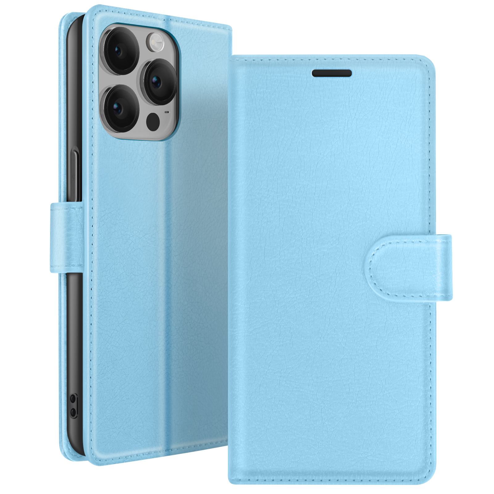 Étui de téléphone bleu clair, ouvert pour afficher le téléphone. L'étui est texturé en cuir et a une fermeture magnétique.