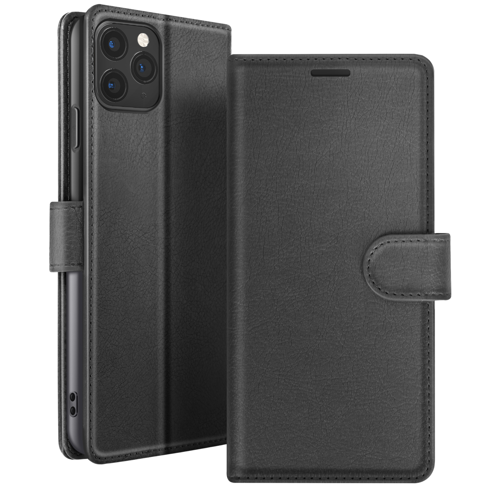 Een zwarte leren telefoonhoes wordt open getoond, waarbij de telefoon zichtbaar is. De hoes heeft een magnetische sluiting en een textuur.