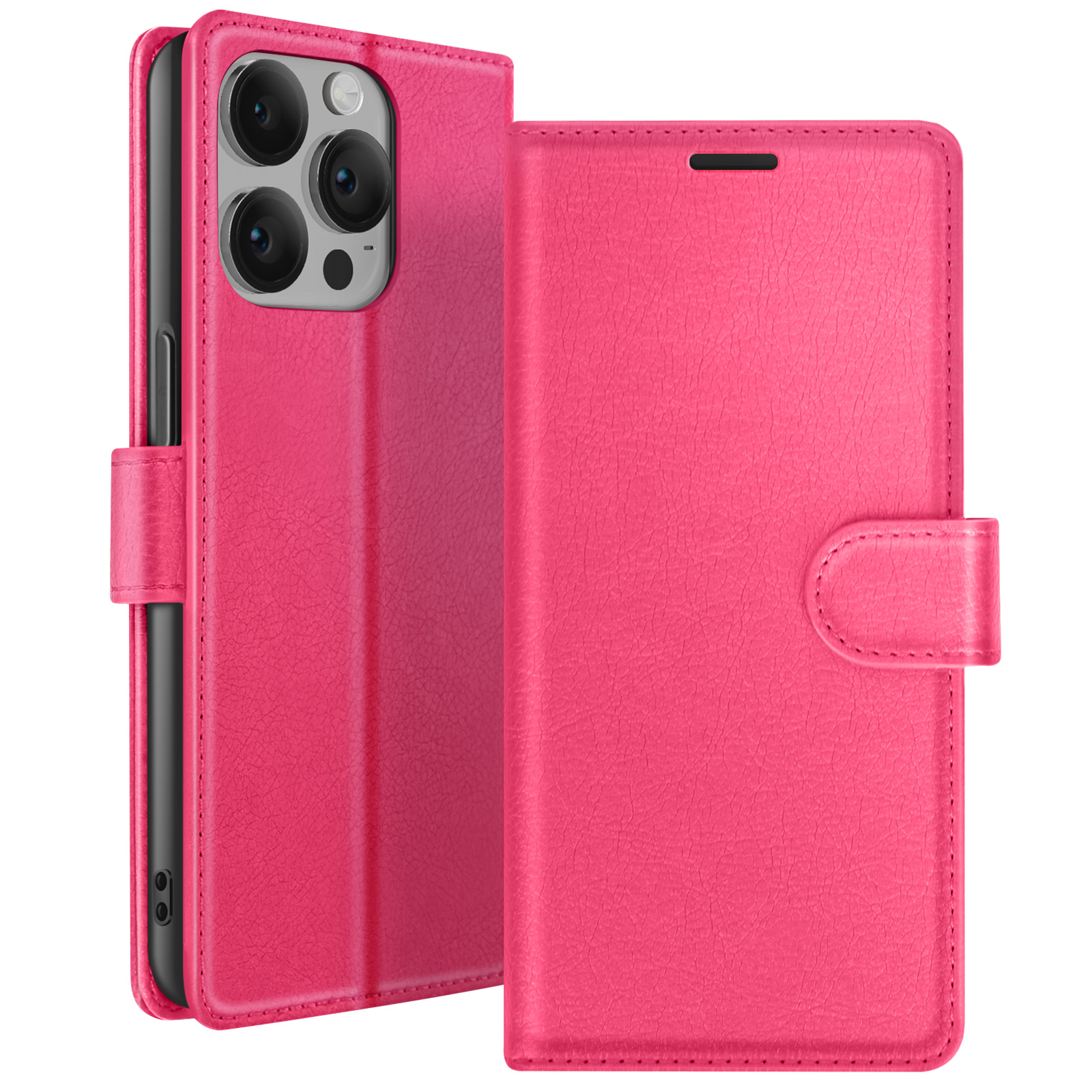 Roze telefoonhoesje open, onthult een telefoon met cameralenzen. De hoes is leerachtig met een magnetische sluiting.