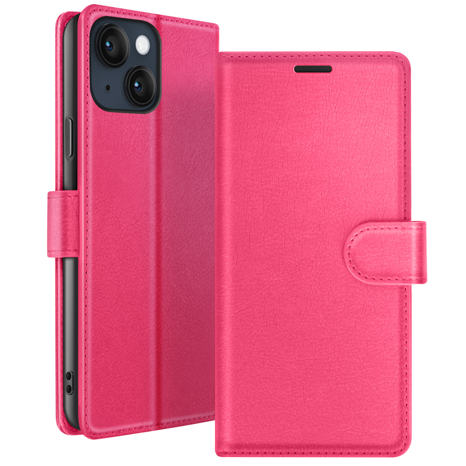 Un étui de téléphone rose, ouvert, montrant le téléphone. Il a une fermeture magnétique et une surface texturée.