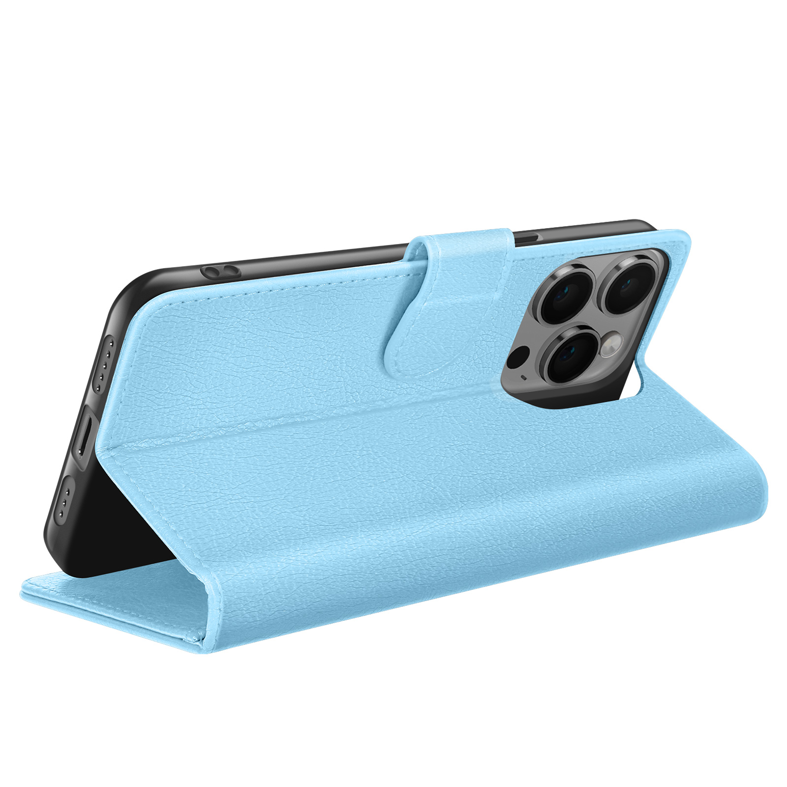 Un étui de téléphone bleu clair est ouvert, révélant un téléphone noir. L'étui est texturé et possède une fermeture magnétique.