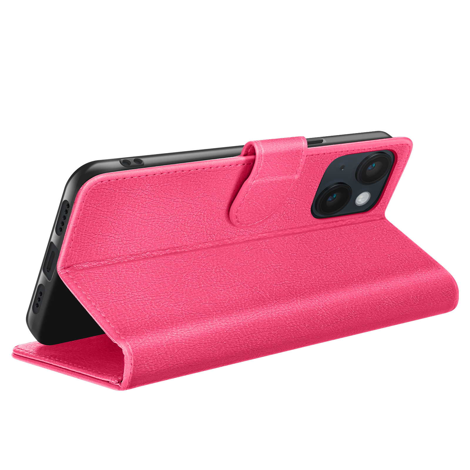 Un étui de téléphone en cuir rose est ouvert, révélant un téléphone noir. L'étui a un rabat et une fermeture magnétique.
