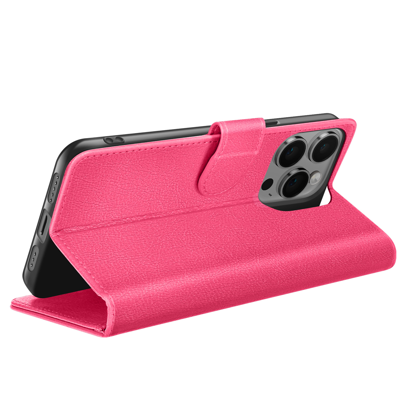 Een roze telefoonhoesje is open en toont de telefoon. De hoes heeft een textuur en een magnetische sluiting. De achtergrond is wit.
