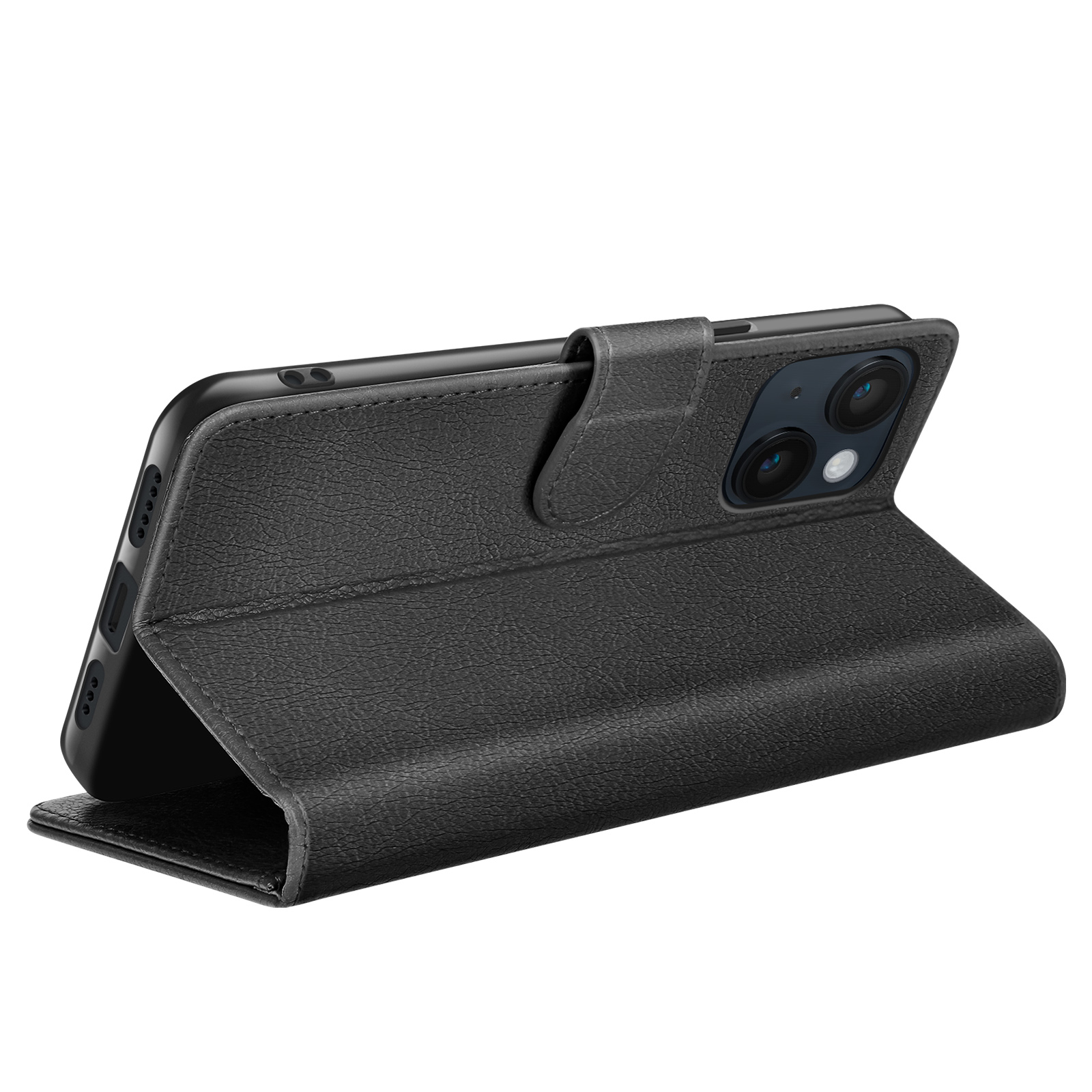 Étui de téléphone noir avec rabat ouvert. L'étui est en matériau texturé et le téléphone est visible.