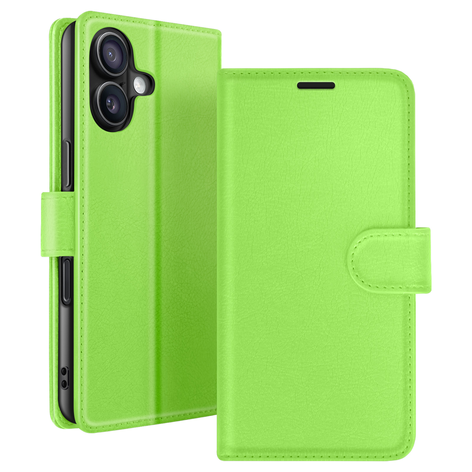 Een groene telefoonhoes met een telefoon erin. De hoes is open en toont de camera en het scherm van de telefoon. Een sluiting is zichtbaar.