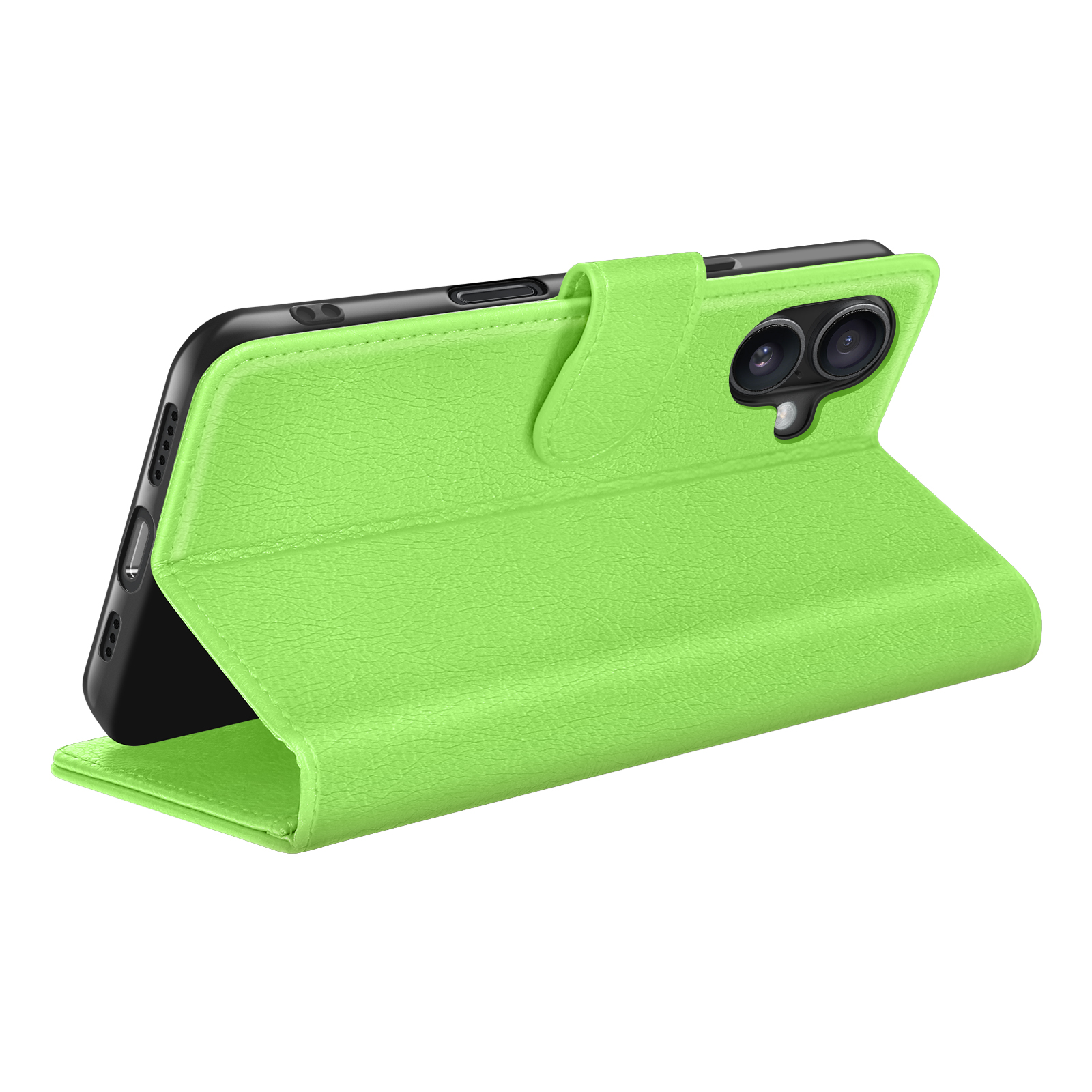 Een limoengroene telefoonhoes, opengeklapt om een telefoon met zwart frame te laten zien. De hoes heeft een textuurafwerking.