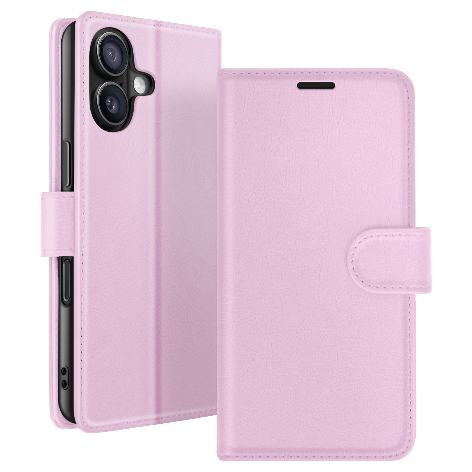 Een roze telefoonhoesje is open en toont een zwarte telefoon. De hoes heeft een sluiting. De telefoon heeft camera's.