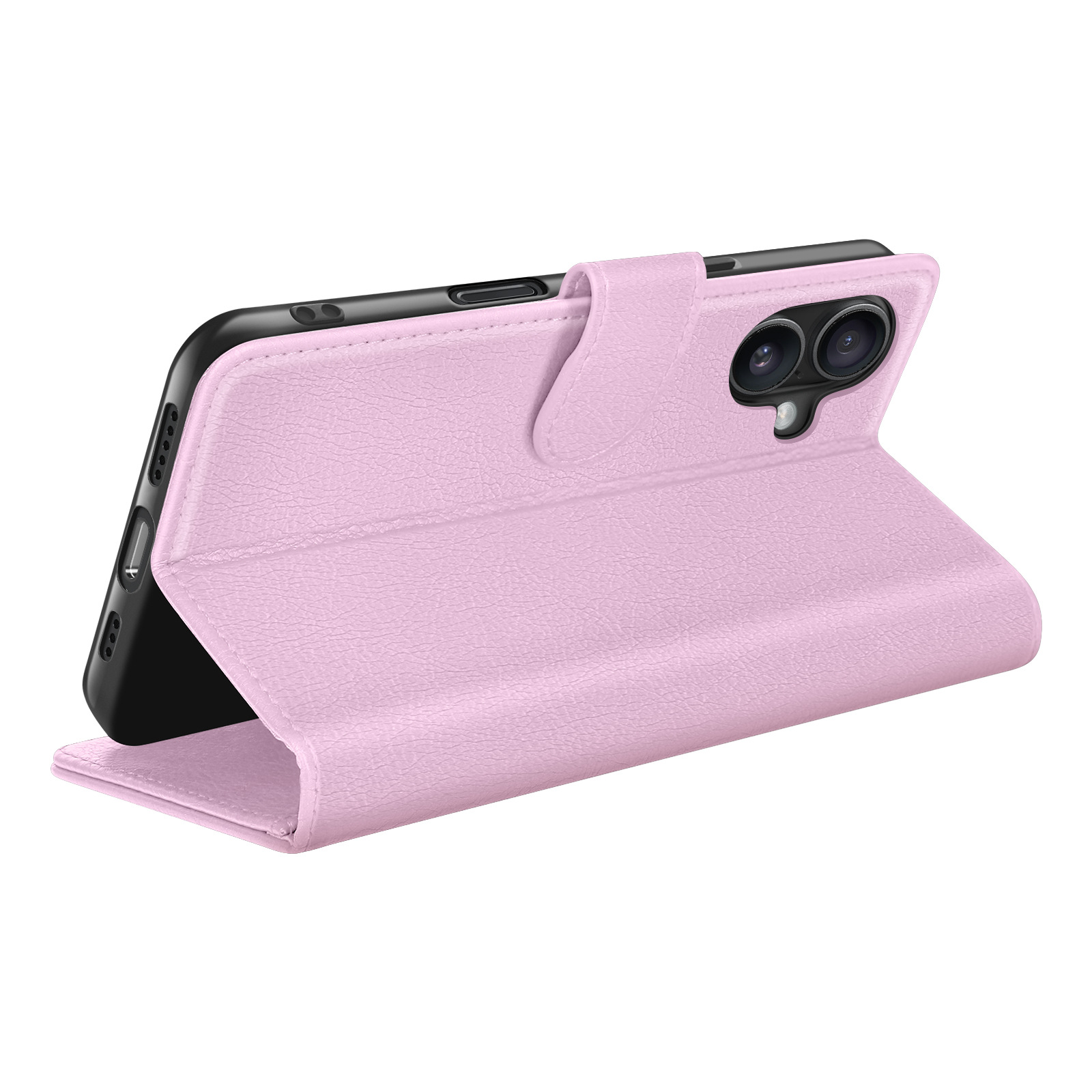 Een roze telefoonhoesje, open, met een telefoon erin. De hoes is leerachtig en heeft een magnetische sluiting. De telefoon heeft camera's.