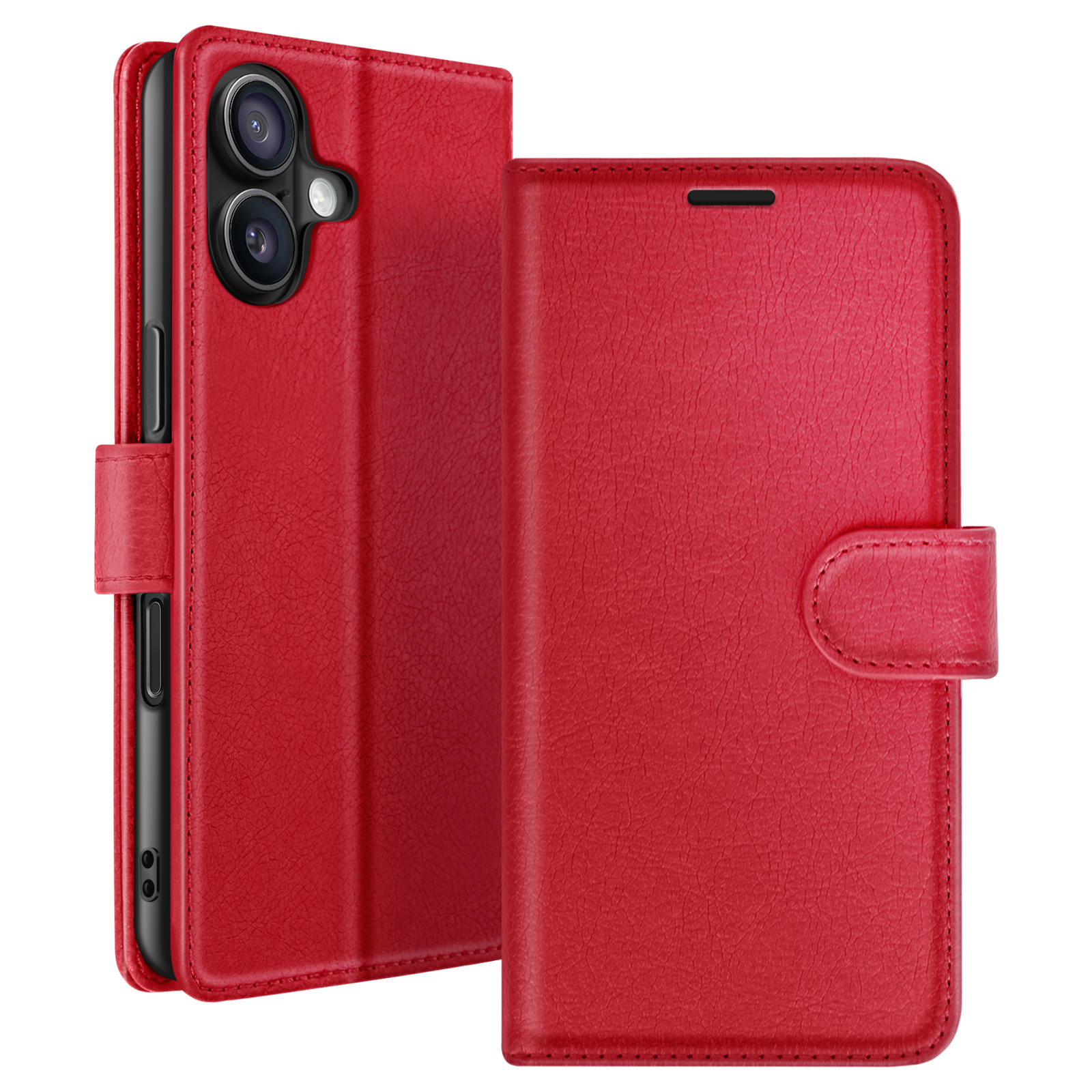 Een rode leren telefoonhoes is open en toont een telefoon. De hoes heeft een magnetische sluiting.
