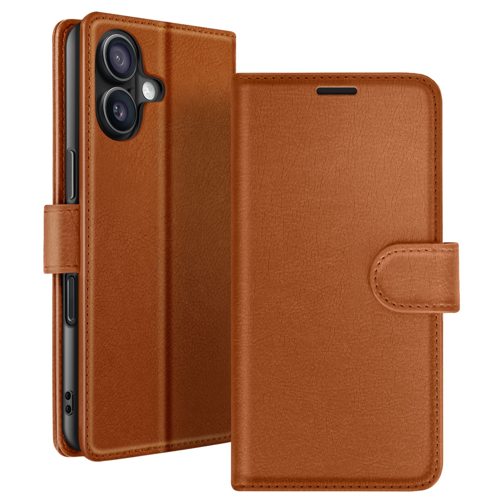 Bruine leren telefoonhoes open, met de telefoon zichtbaar. De hoes heeft een magnetische sluiting. Twee camera's zijn zichtbaar.