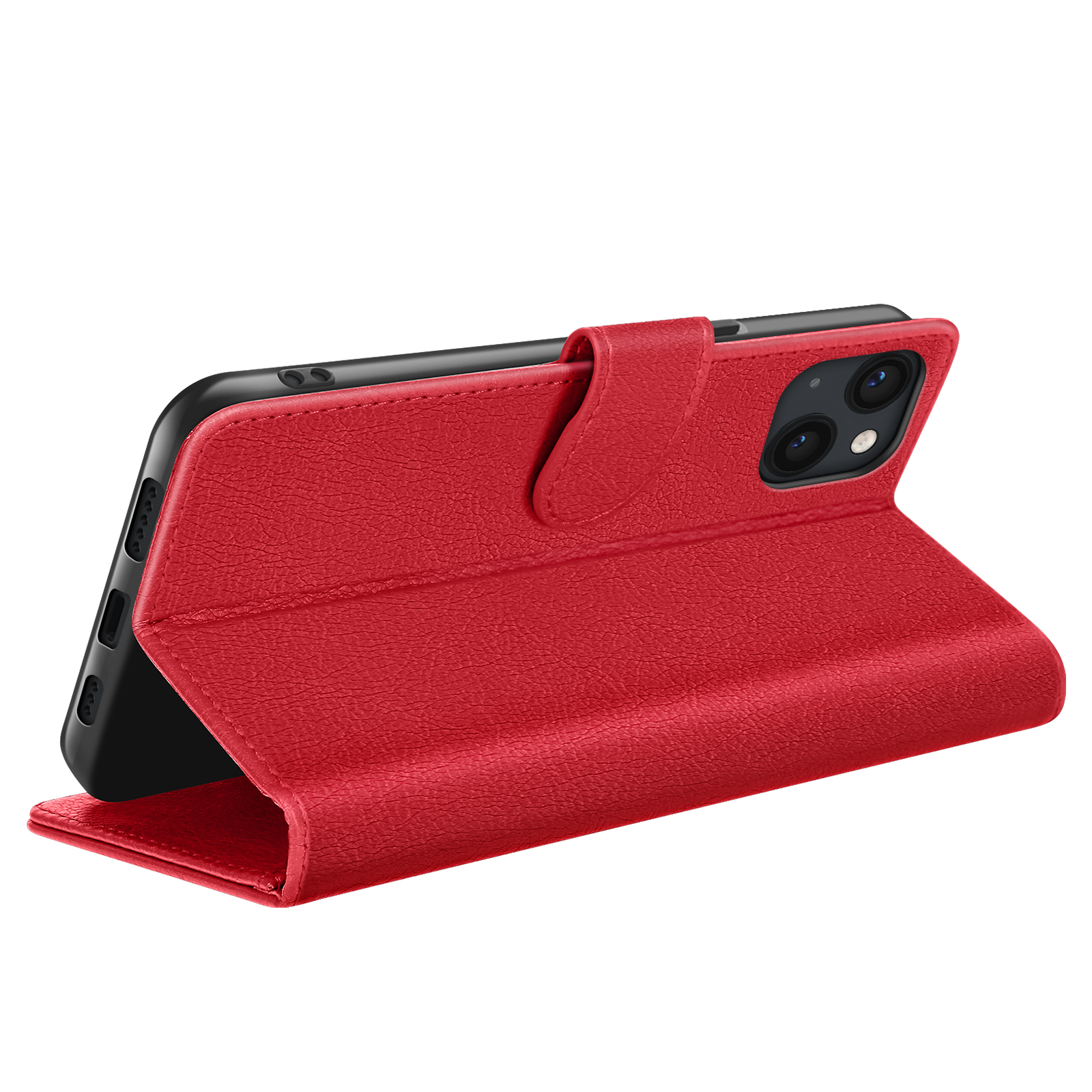 Rode leren telefoonhoes met een zwarte telefoon erin. De hoes is open en toont het scherm en de cameralenzen.