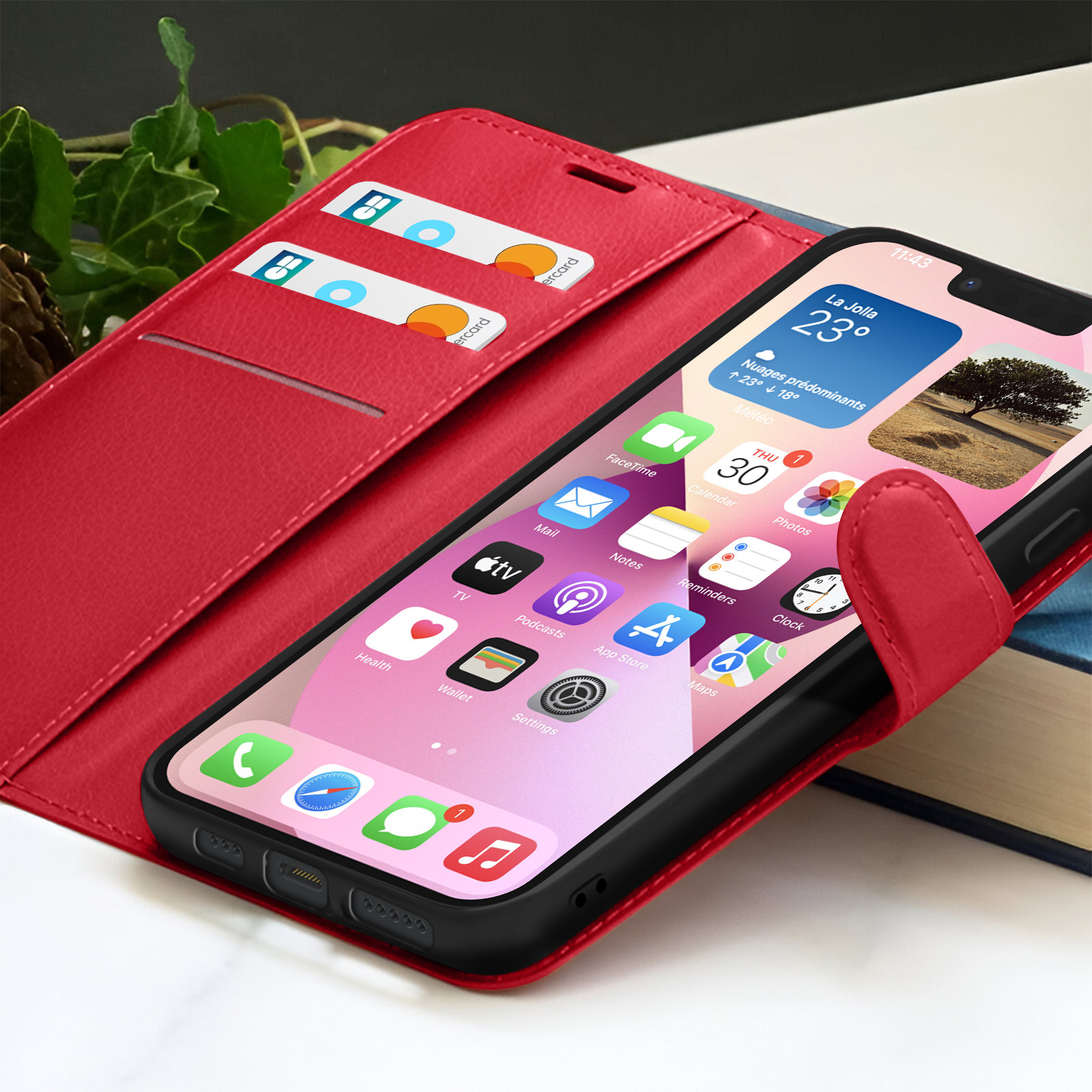 iPhone in rode hoes, met weer-app. In de hoes creditcards. Achtergrond: boek en groene bladeren.