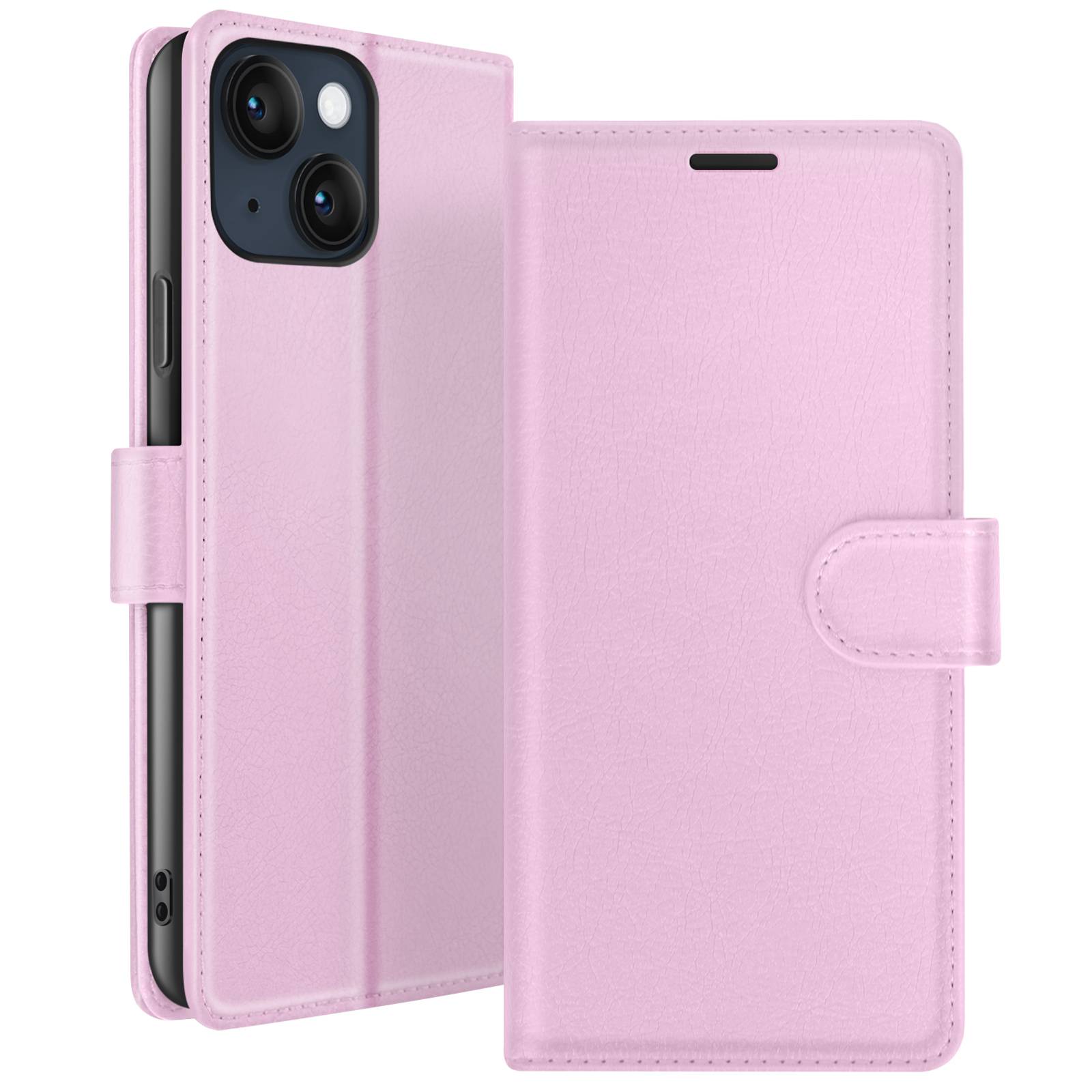 Een roze leren telefoonhoesje is open en toont een telefoon. De hoes heeft een magnetische sluiting en een getextureerde afwerking.