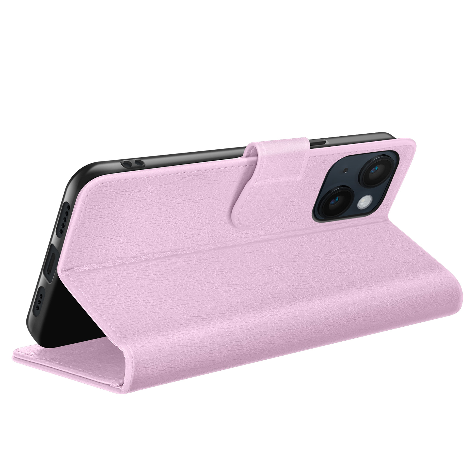 Een roze leren telefoonhoesje is open, met een zwarte telefoon erin. De hoes heeft een magnetische sluiting. Witte achtergrond.