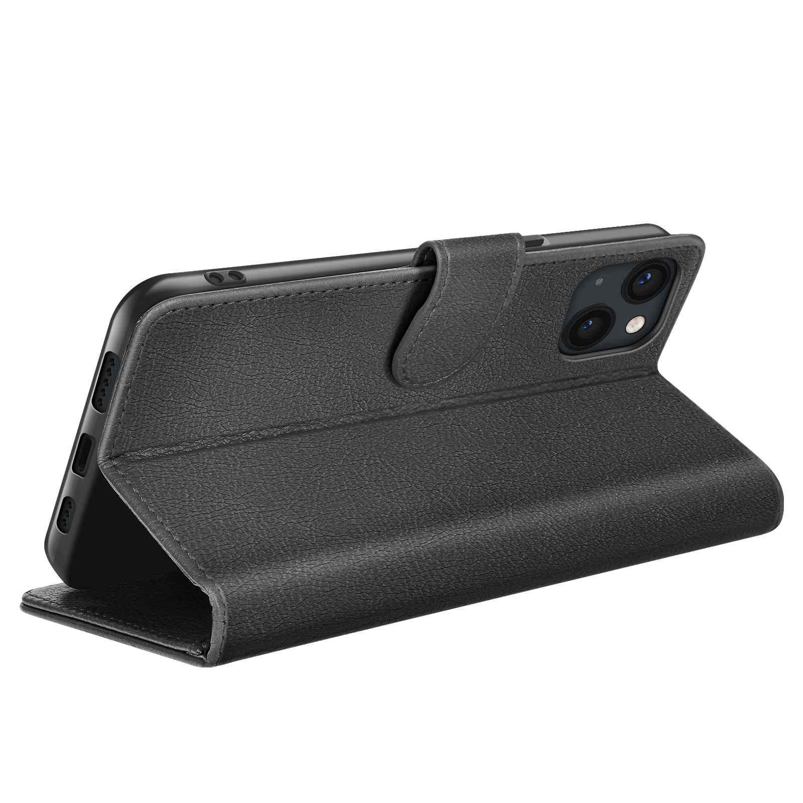 Een zwarte leren telefoonhoes is open en toont een zwarte telefoon. De hoes heeft een textuuroppervlak en een magnetische sluiting.