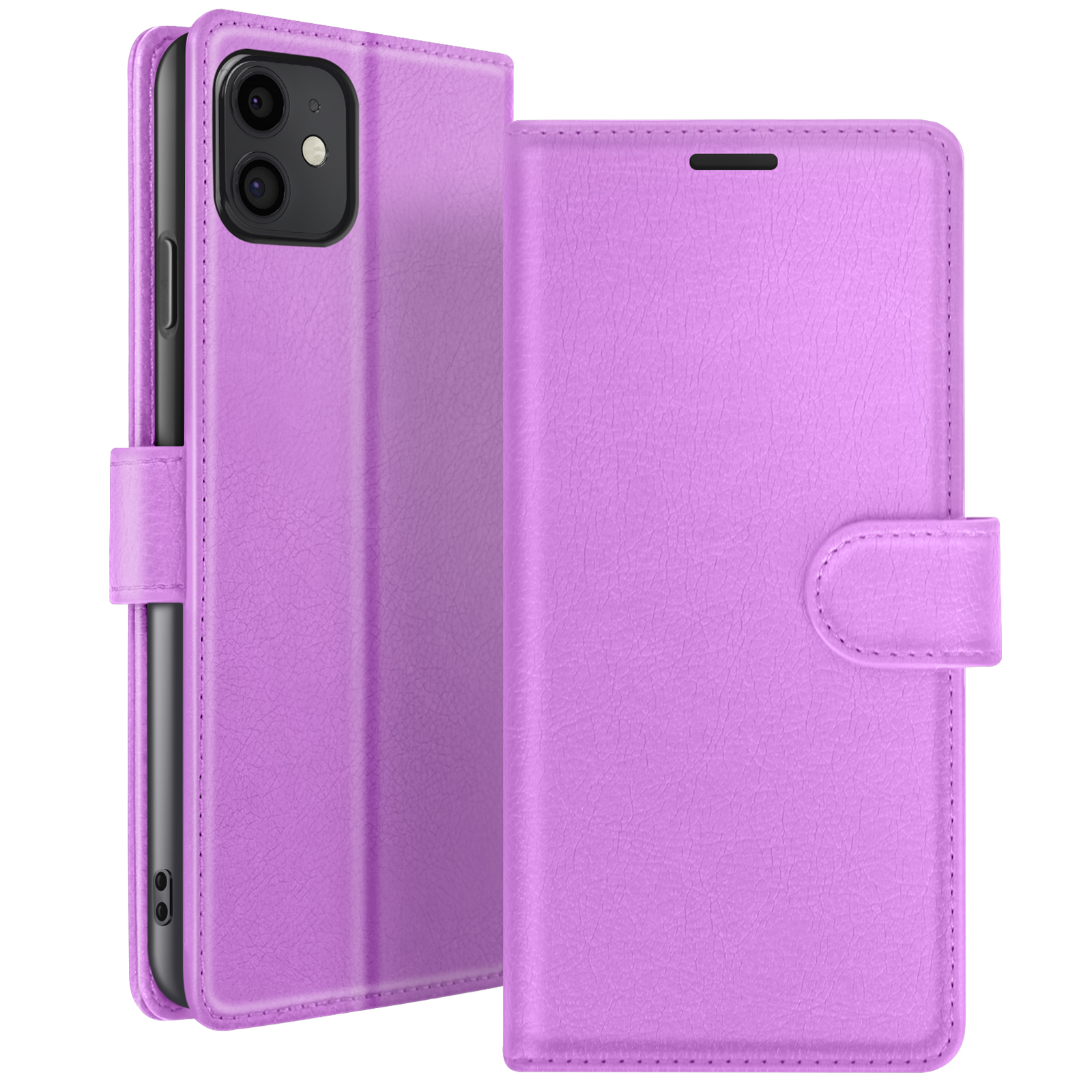 Een paarse telefoonhoes, open om de telefoon te laten zien, met een flap en magnetische sluiting.