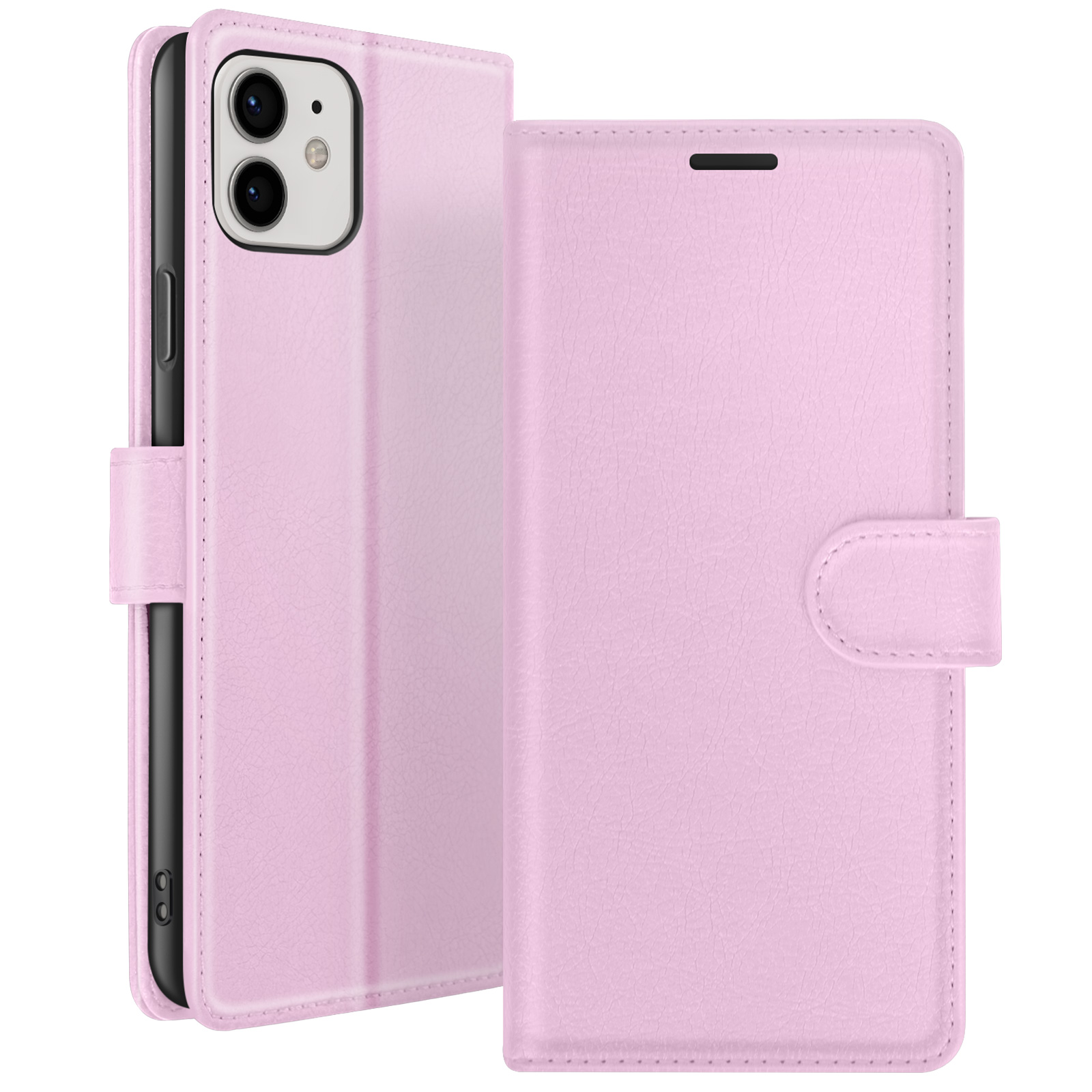 Een lichtroze leren telefoonhoesje met een telefoon erin. De hoes is open en toont de camera en het scherm van de telefoon.