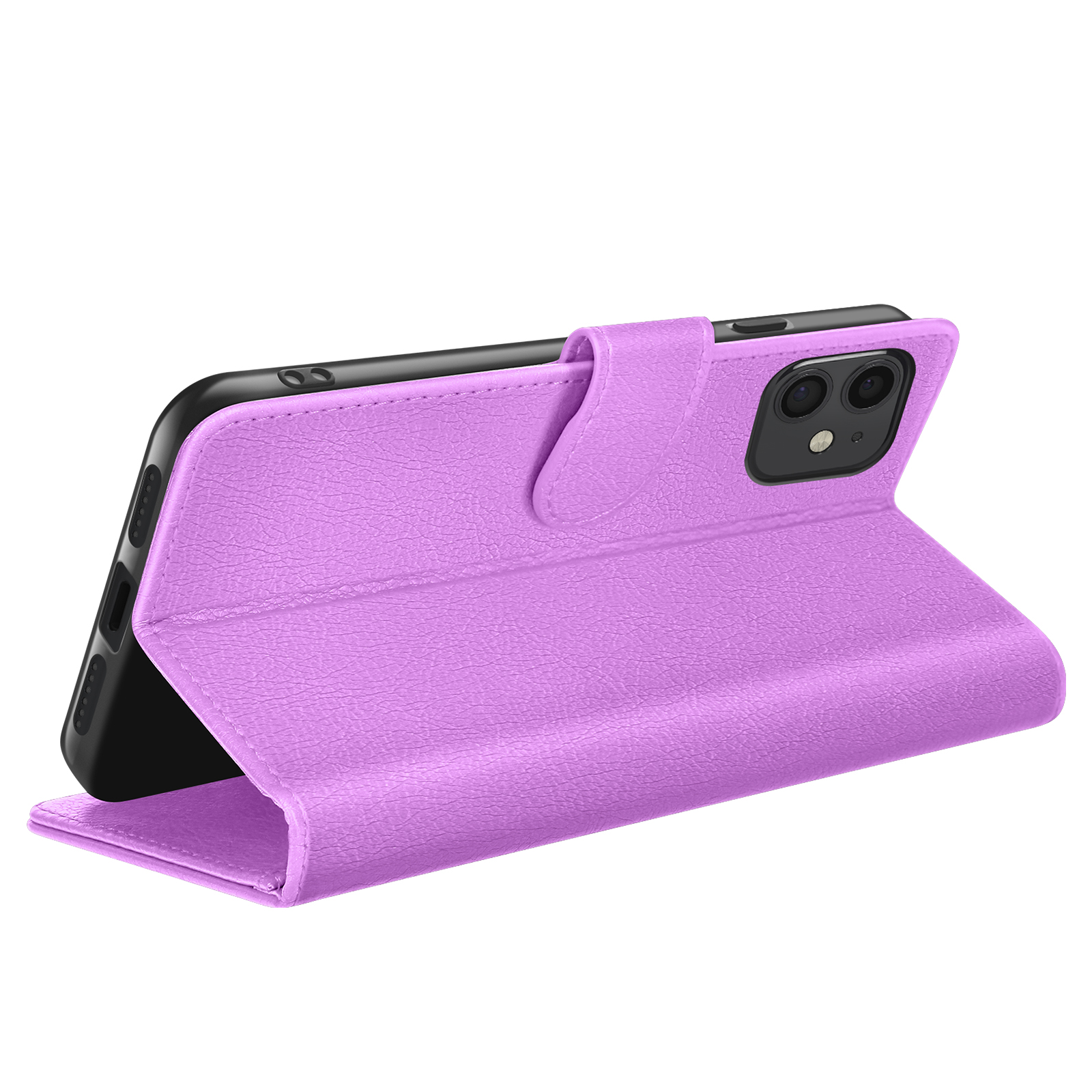 Een paarse telefoonhoes is open en toont een zwarte telefoon. De hoes heeft een textuuroppervlak en een magnetische sluiting.