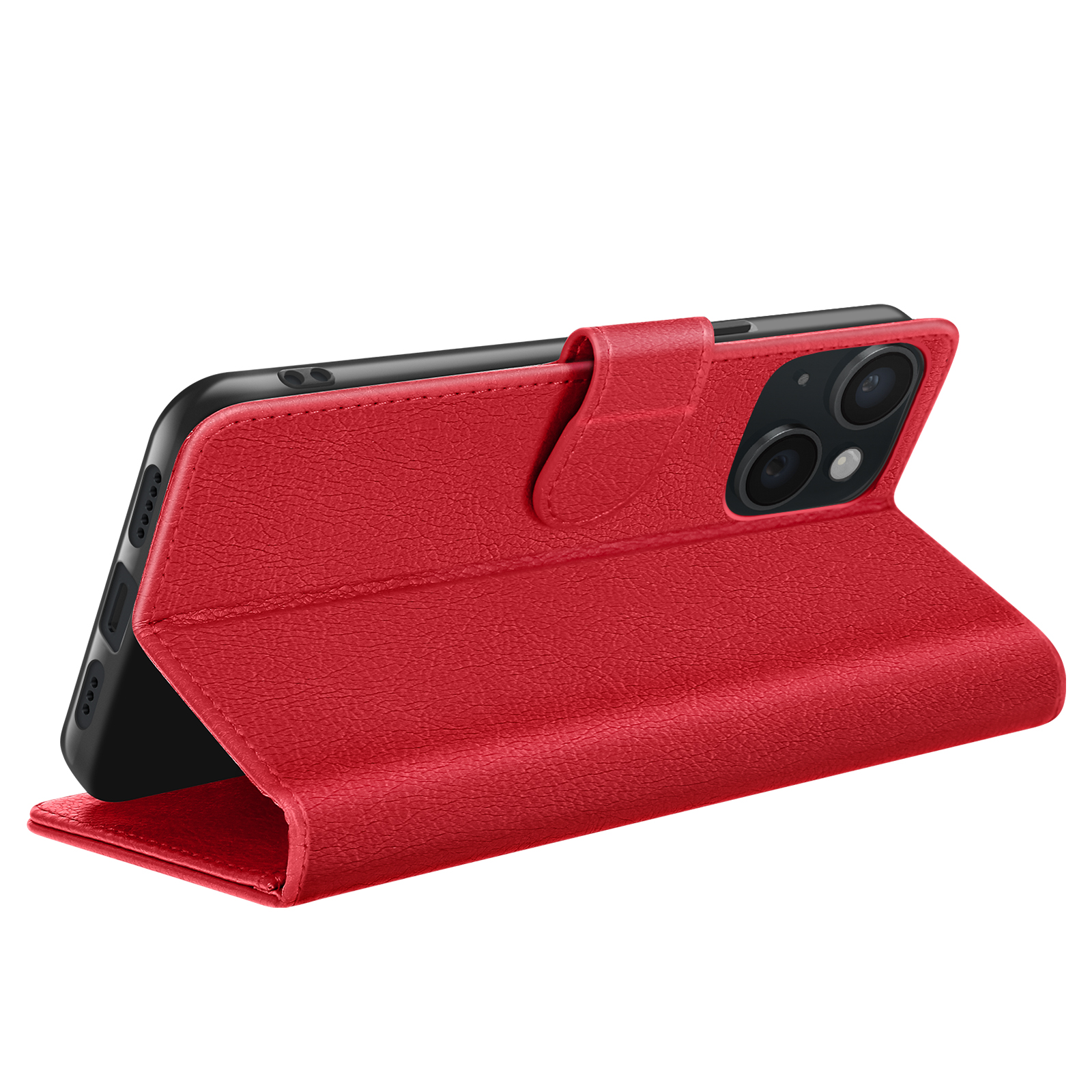 Een rode leren telefoonhoes, open en omhoog gezet, onthult een zwarte telefoon. De hoes is getextureerd, met een magnetische sluiting.