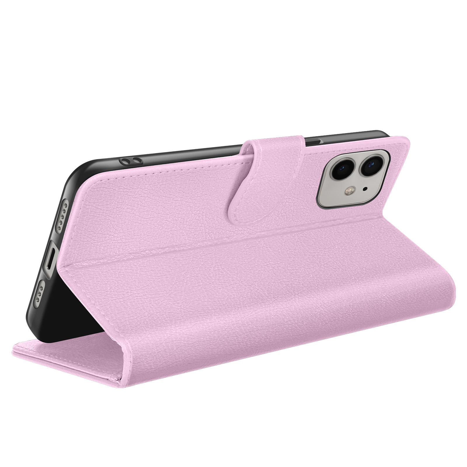 Een roze telefoonhoesje is open, waardoor een zwarte telefoon zichtbaar is. De hoes heeft een getextureerd oppervlak en een magnetische sluiting.